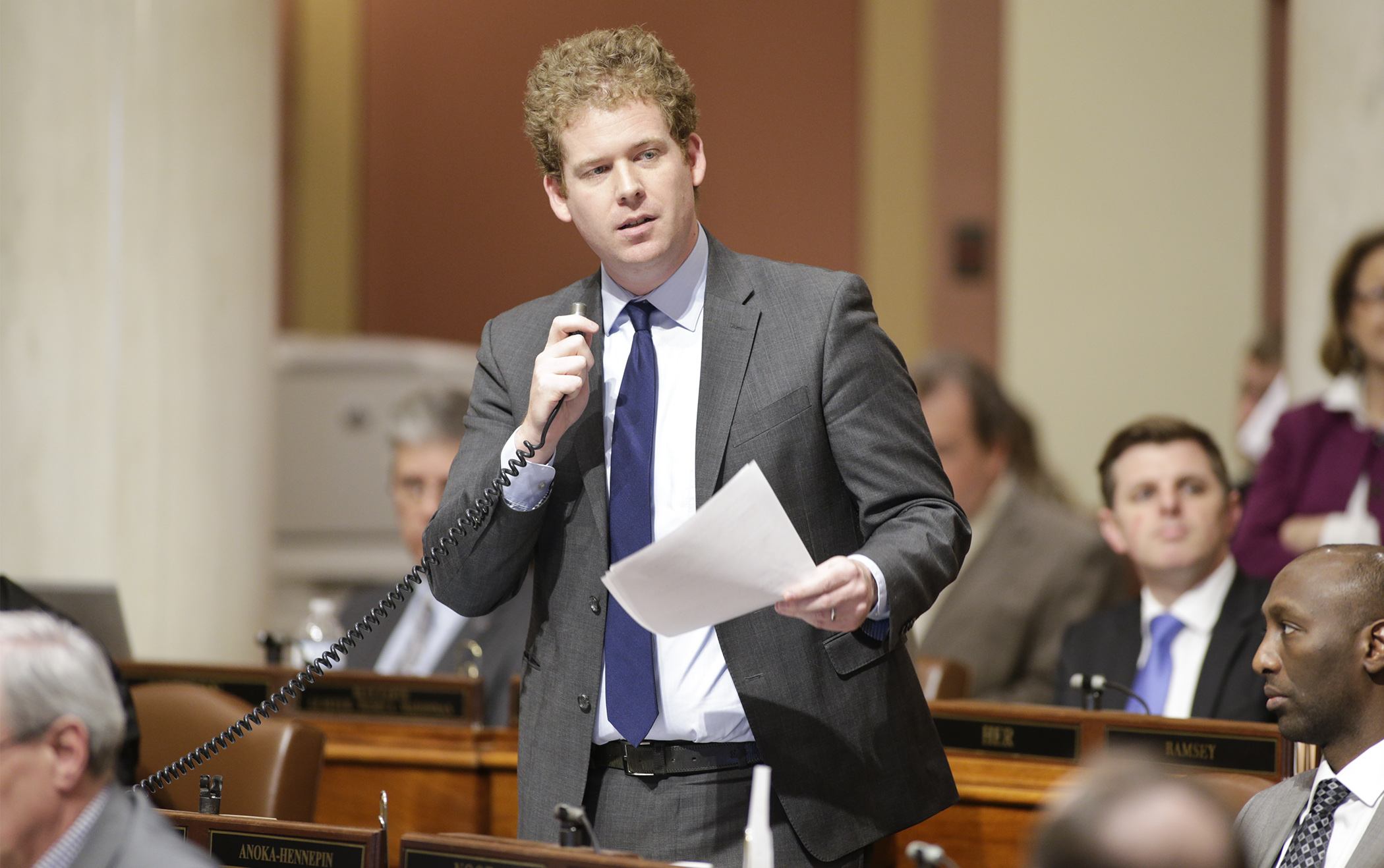 Rep. Zack Stephenson describes provisions of HF15 which would, in part, repeal the “marital exception” for certain criminal sexual conduct offenses. Photo by Paul Battaglia