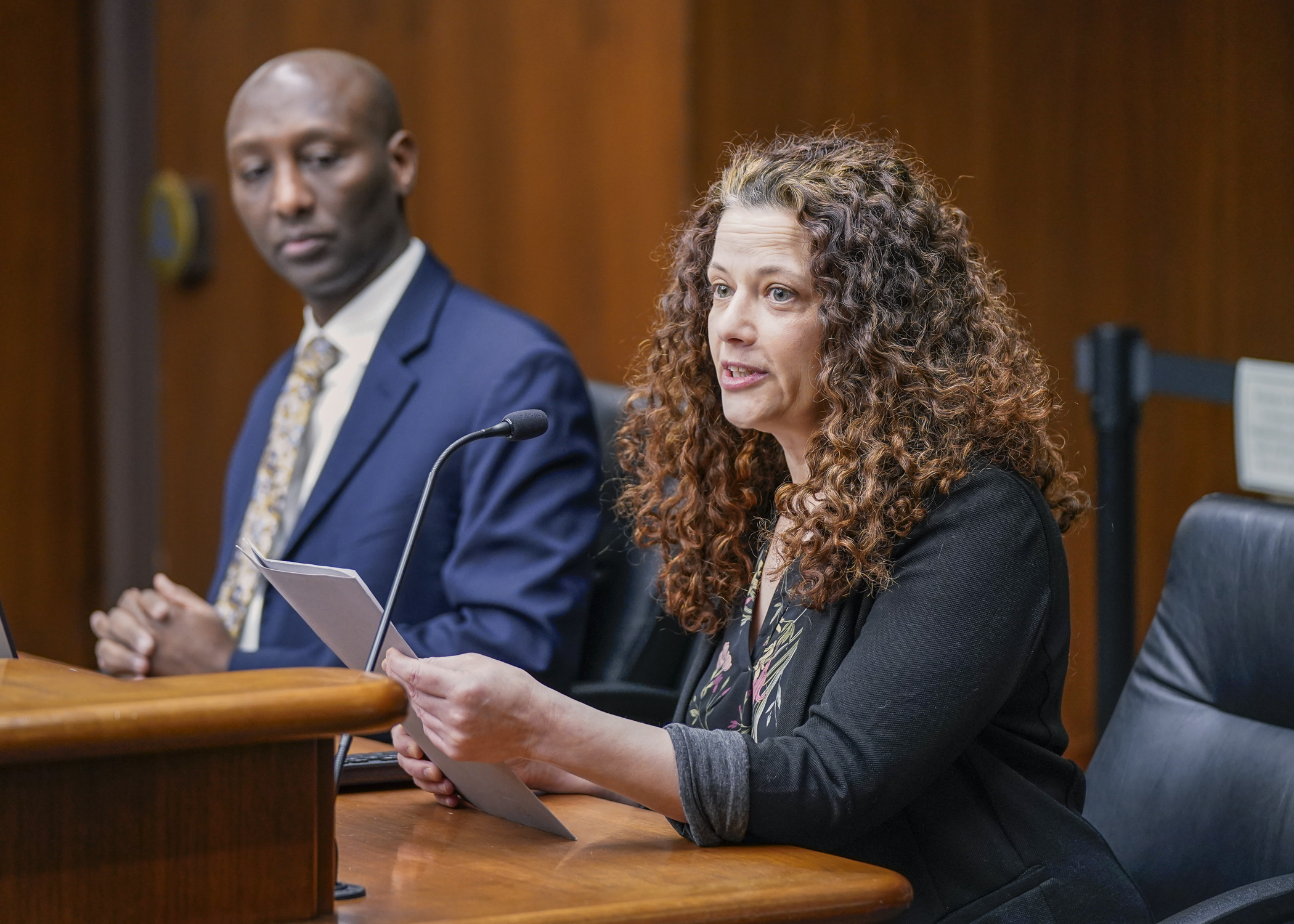 Elana Gravitz, a public policy manager for Hennepin County, testifies before the House Children and Families Finance and Policy Committee Feb. 21 in support of HF466, which would eliminate the Diversionary Work Program. (Photo by Catherine Davis)