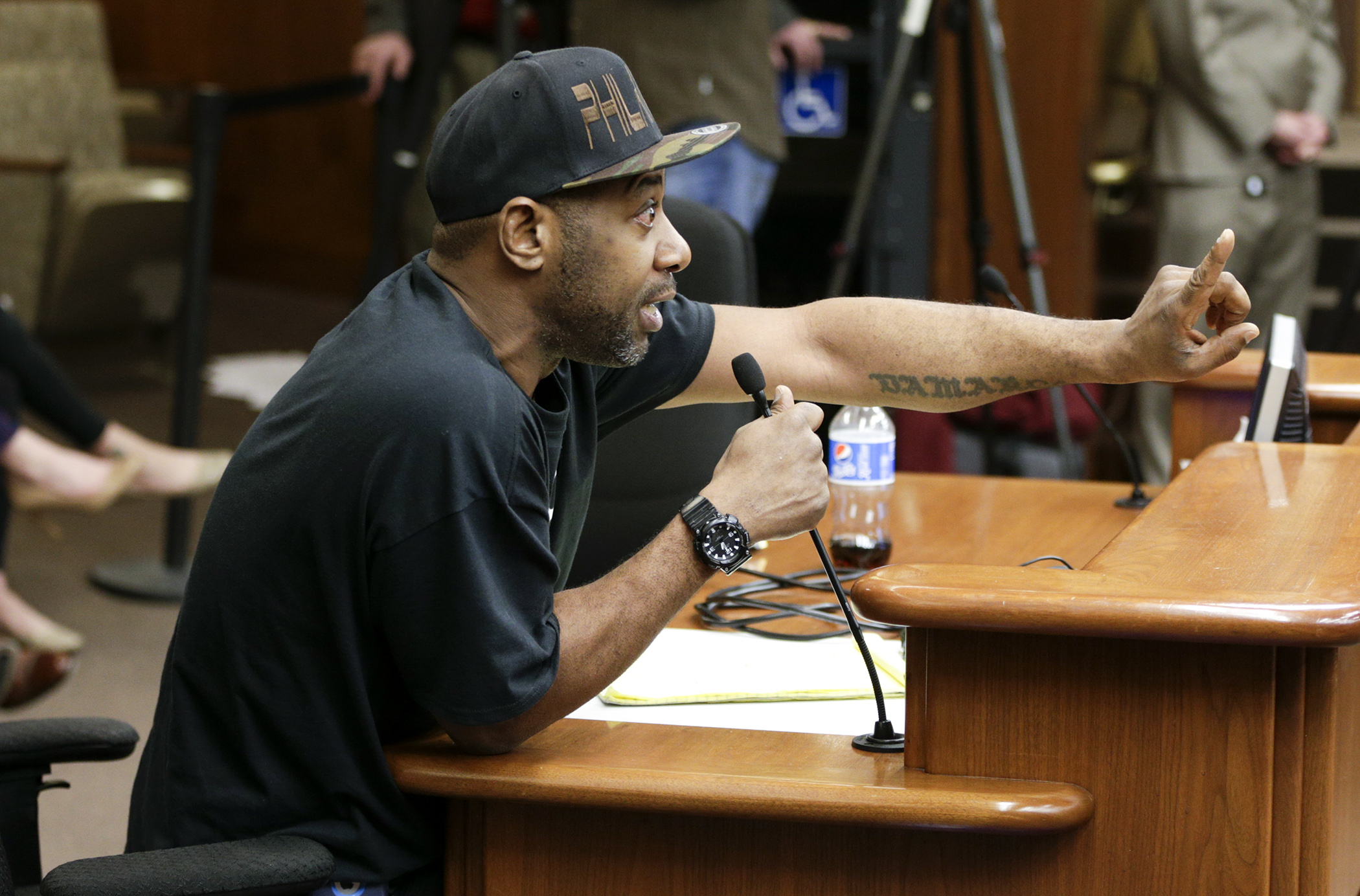 John Thompson provides emotional testimony to the House Public Safety and Security Policy and Finance Committee Feb. 22 against a pair of bills that would, in part, increase penalties for freeway protesters. Photo by Paul Battaglia