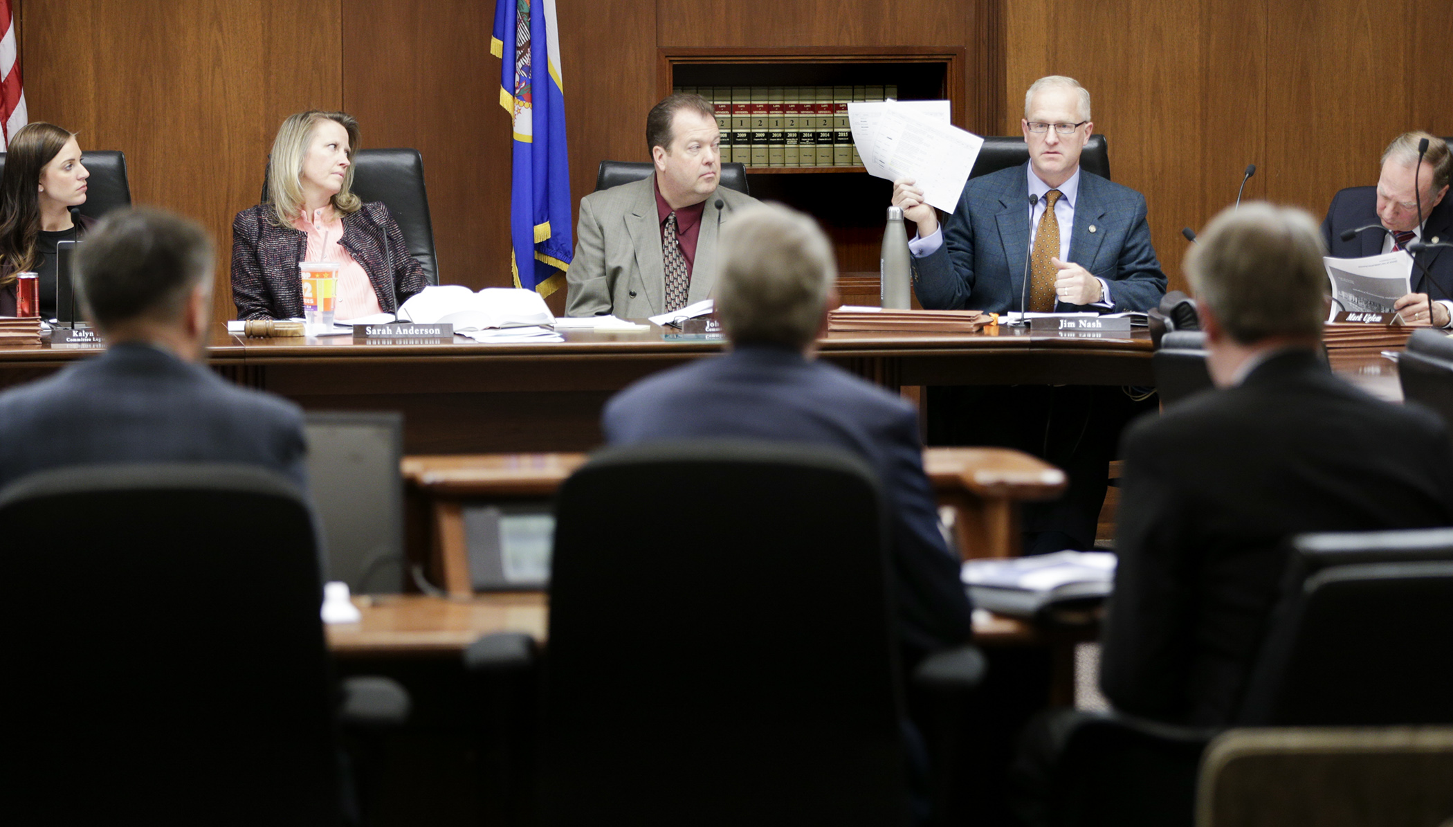 Rep. Jim Nash raises questions during the House State Government Finance Committee hearing on the Legislative Auditor’s Special Report on the Employee Gainsharing Program Feb. 22. Photo by Paul Battaglia