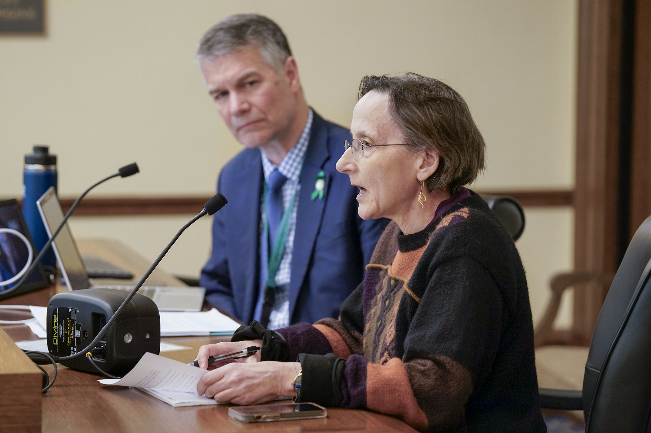 Julie Risser, who lost her nephew to a crash involving a high-speed driver, testifies in support of HF3429 before the House Transportation Finance and Policy Committee Feb. 23. Rep. Larry Kraft sponsors the bill. (Photo by Michele Jokinen)