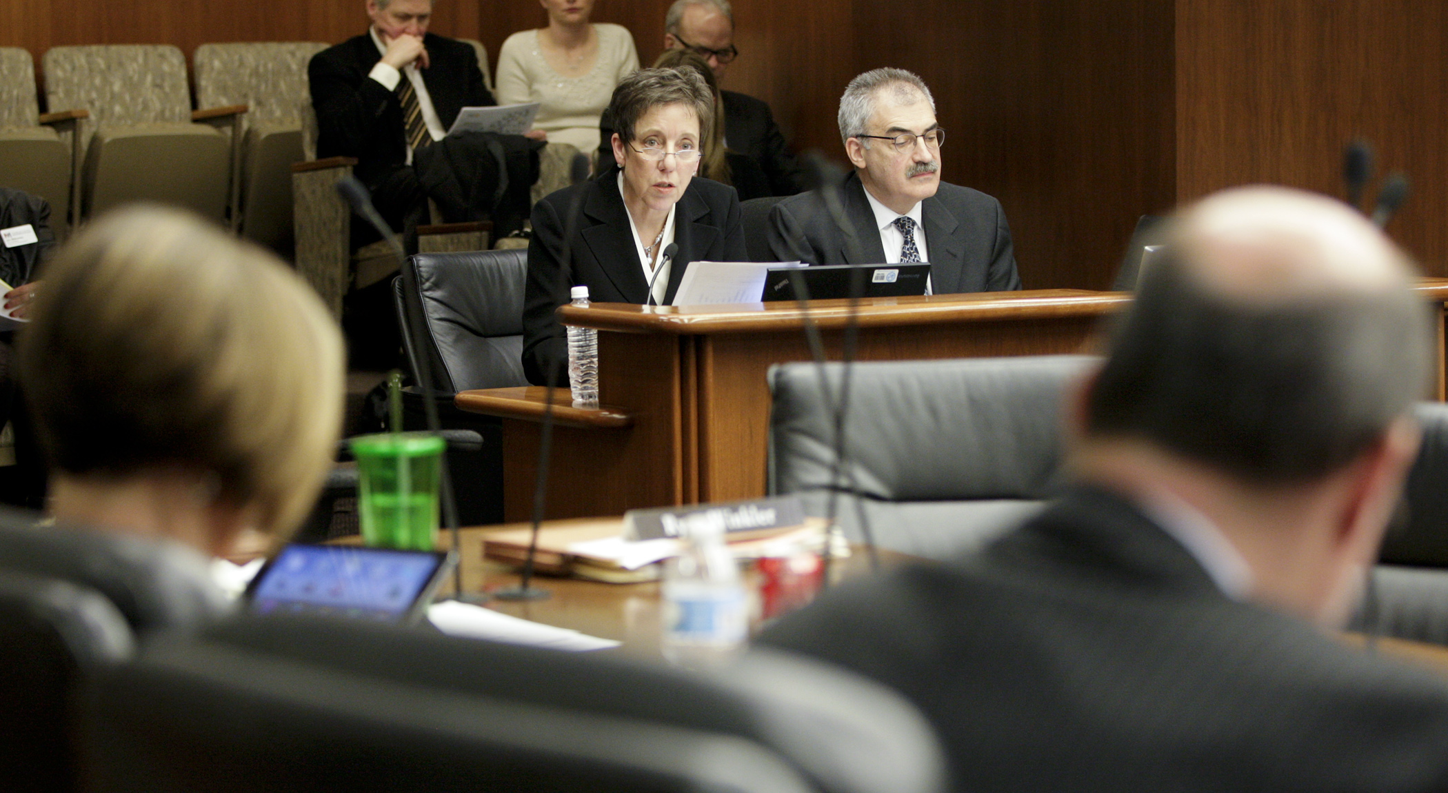 MnSCU Vice Chancellor for Finance Laura King gives members of the House Higher Education Policy and Finance Committee an overview of the system’s budget request as Chancellor Steven Rosenstone looks on Feb. 24. Photo by Paul Battaglia