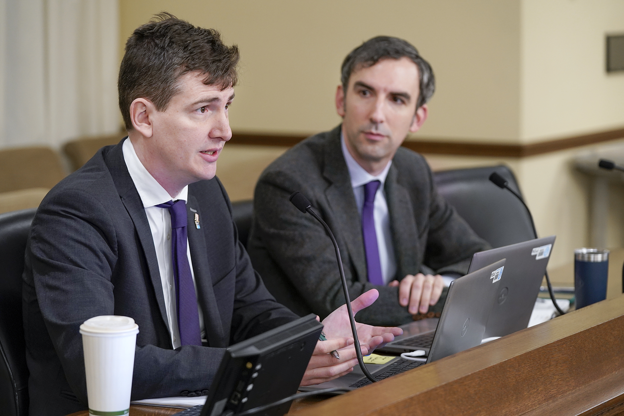 Greg Norfleet, left, director of the Minnesota Paid Leave Program, speaks to the Committee about implementation of the program. Looking on is Evan Rowe, deputy commissioner of workforce services and transformation.(Photo by Michele Jokinen)