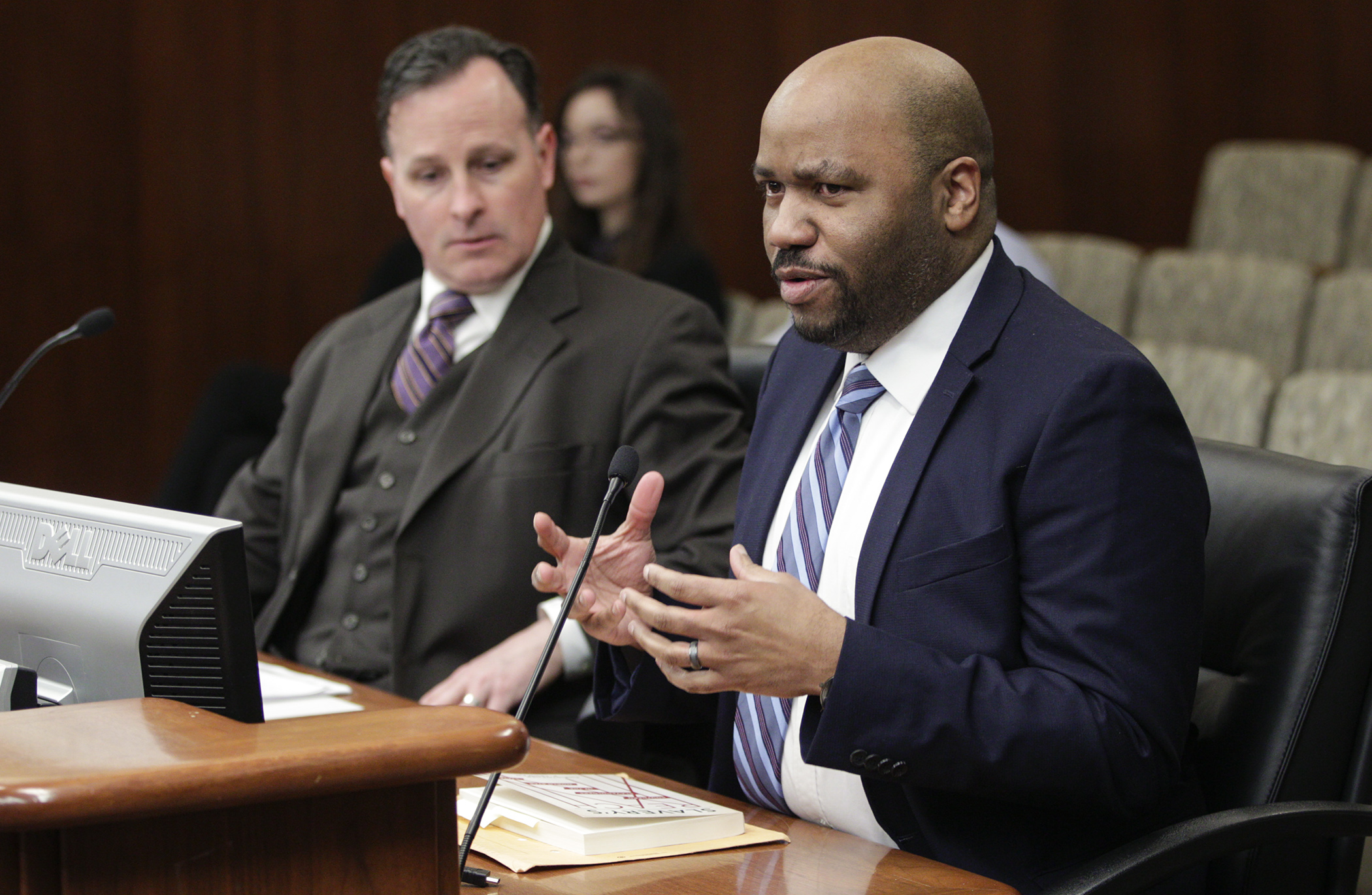 Christopher Lehman, an ethnic studies professor at St. Cloud State University, testifies Feb. 25 before the House Judiciary Finance and Civil Law Division on HF3008. Sponsored by Rep. John Lesch, the bill would propose a constitutional amendment to prohibit slavery or involuntary servitude as criminal punishment for a crime. Photo by Paul Battaglia