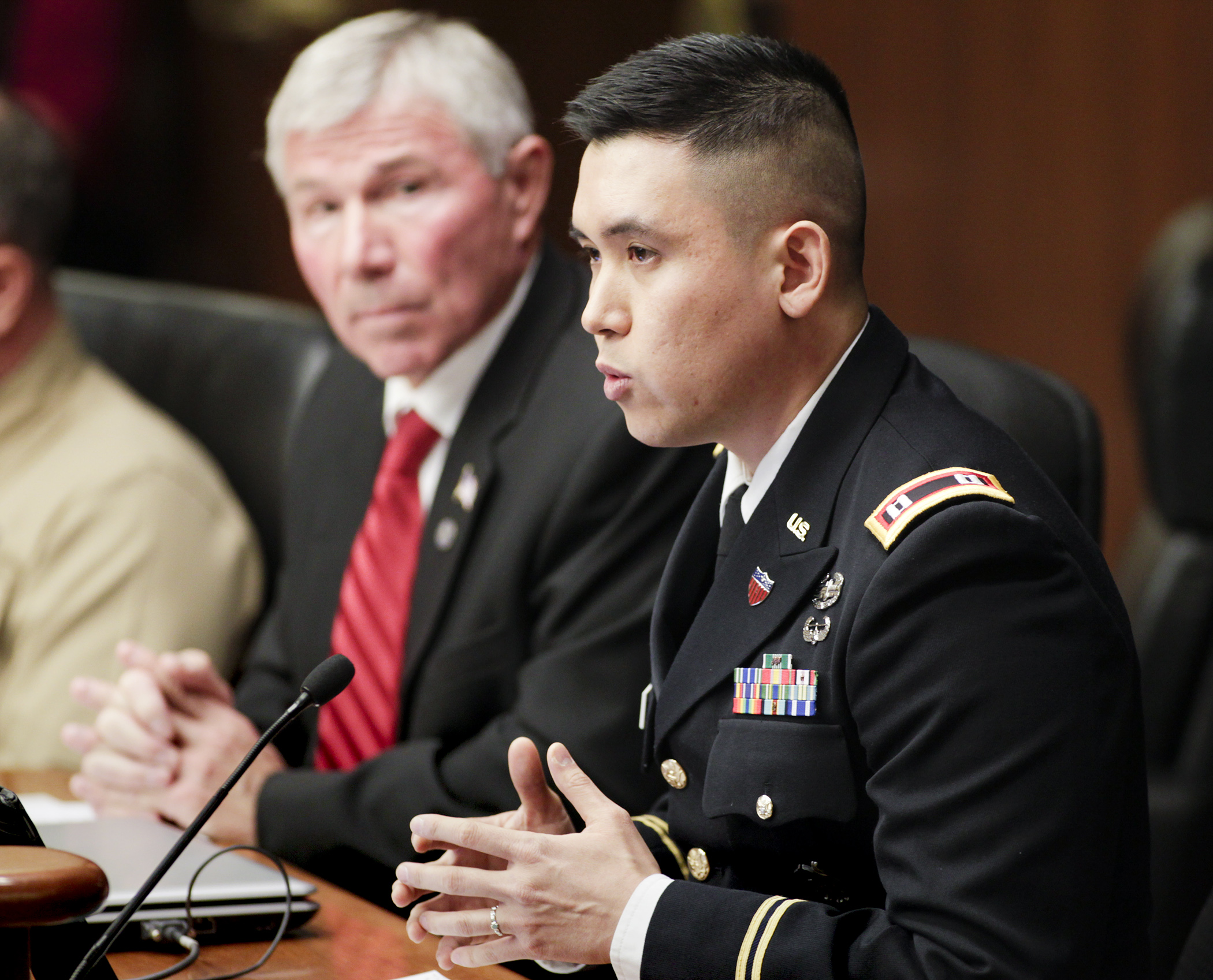 U.S. Army Capt. Young Youn of the St. Paul Recruiting Company testifies during the House Veterans Affairs Division Feb. 26 on Rep. Bob Dettmer’s bill, HF2907, which would, in part, require school counselors to inform students of armed forces career options. Photo by Paul Battaglia