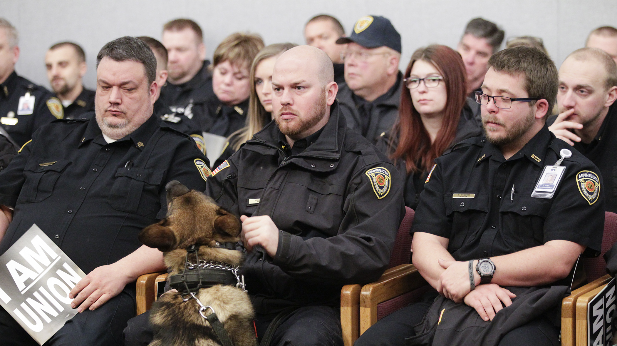 State corrections officers filled a small hearing room Feb. 26 for testimony on HF1315 before the House Corrections Division, which would appropriate money for an additional 328 full-time equivalent correctional officers. Photo by Paul Battaglia