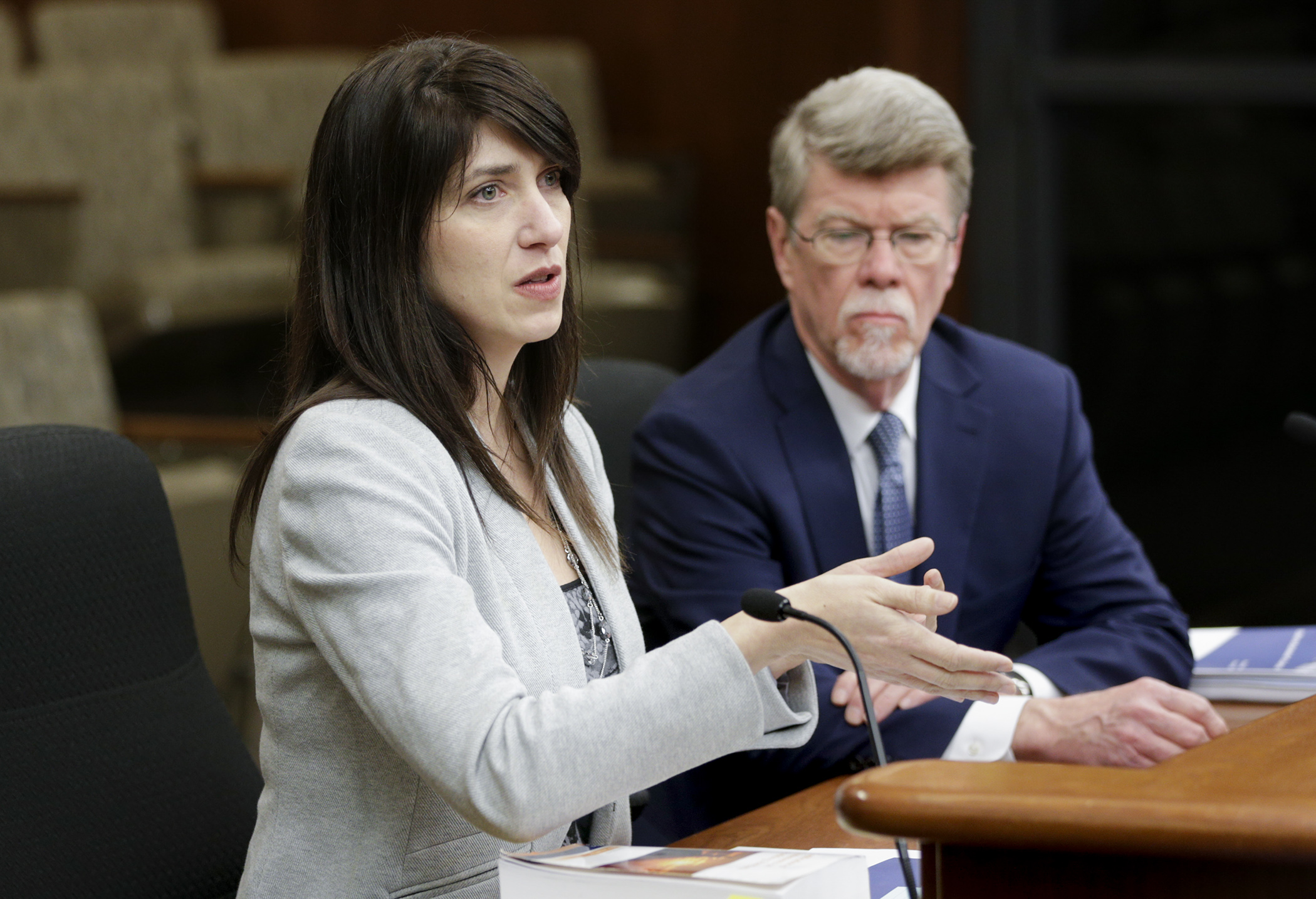 Lori Leysen, audit director with legislative auditor’s office, describes her findings from the Special Review of the State Auditor’s County Audits as State Auditor James Nobles listens. Photo by Paul Battaglia
