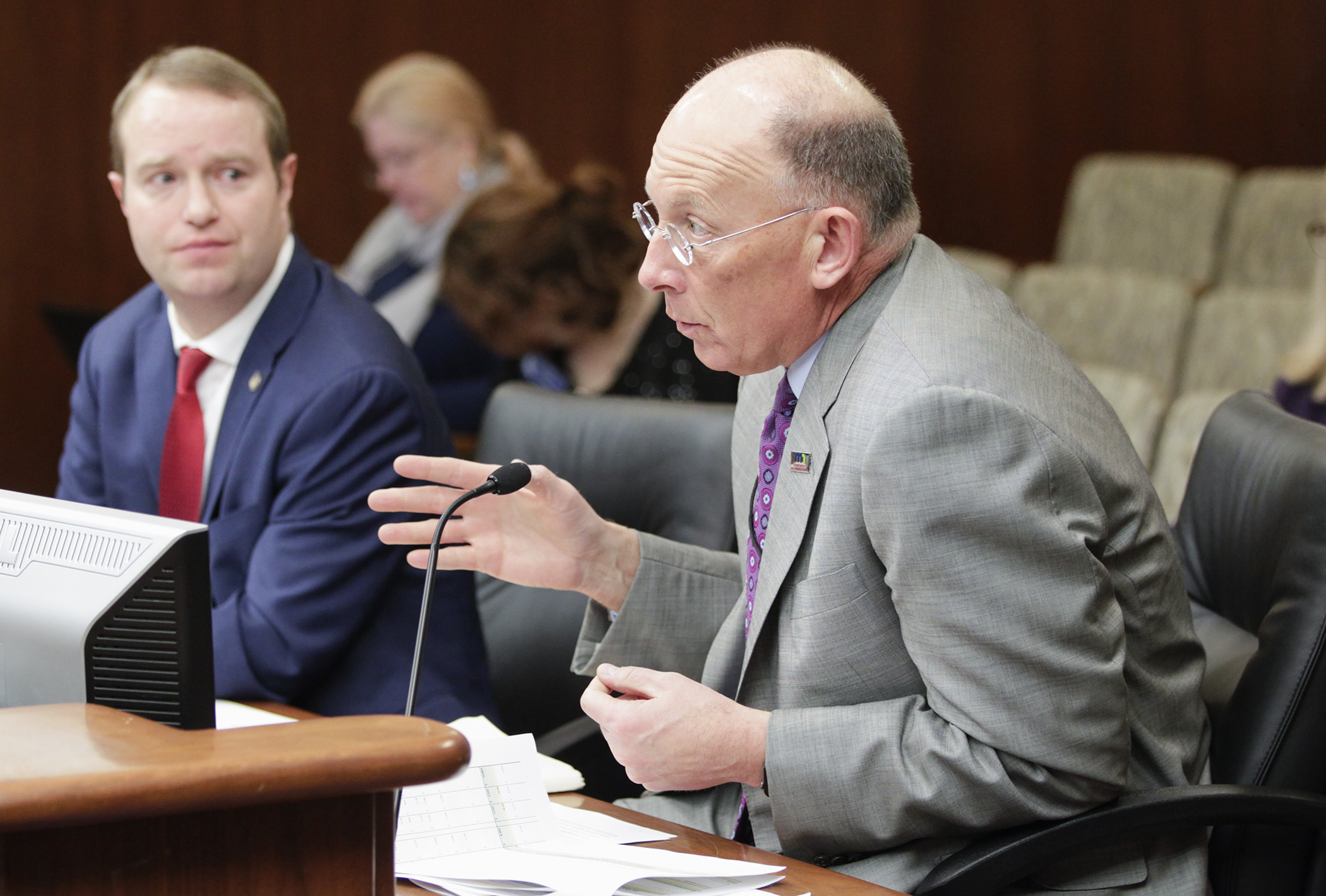 Corrections Commissioner Paul Schnell testifies before the House Corrections Division on HF493, sponsored by Rep. Nick Zerwas, left, to establish guidelines for the use of administrative and disciplinary segregation in state prisons. Photo by Paul Battaglia