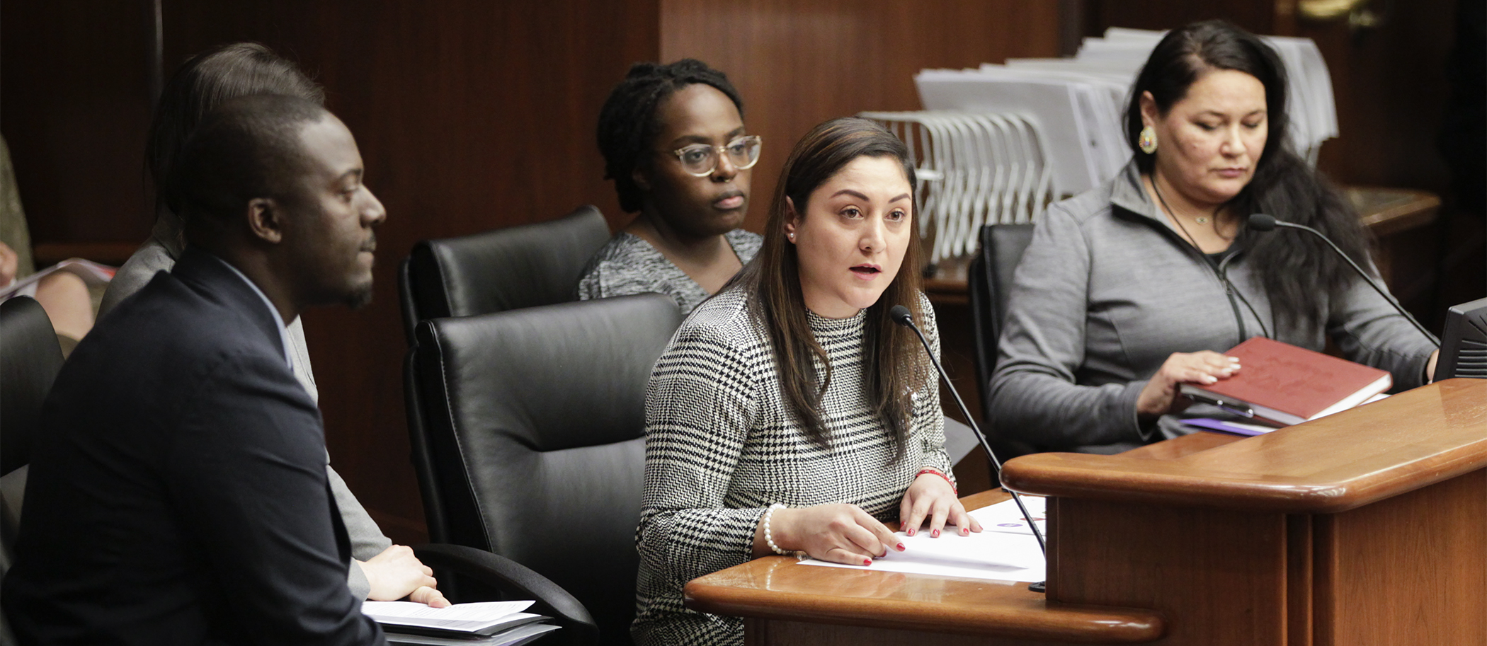 Violeta Hernandez Espinosa, legislative and policy liaison for the Minnesota Council on Latino Affairs, testifies in the House Education Policy Committee on HF824, sponsored by Rep. Mary Kunesh-Podein. Photo by Paul Battaglia