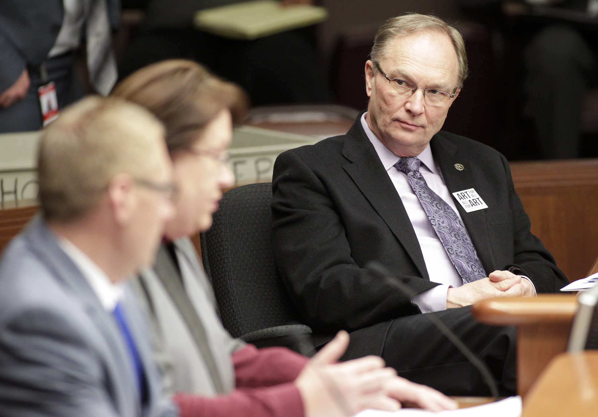 Rep. Paul Torkelson, right, listens during testimony on HF1617, during the House Transportation Finance Committee Feb. 28. He sponsors the bill that would cap bridge project grants under the Local Bridge Replacement and Rehabilitation program at $7 million. Photo by Paul Battaglia