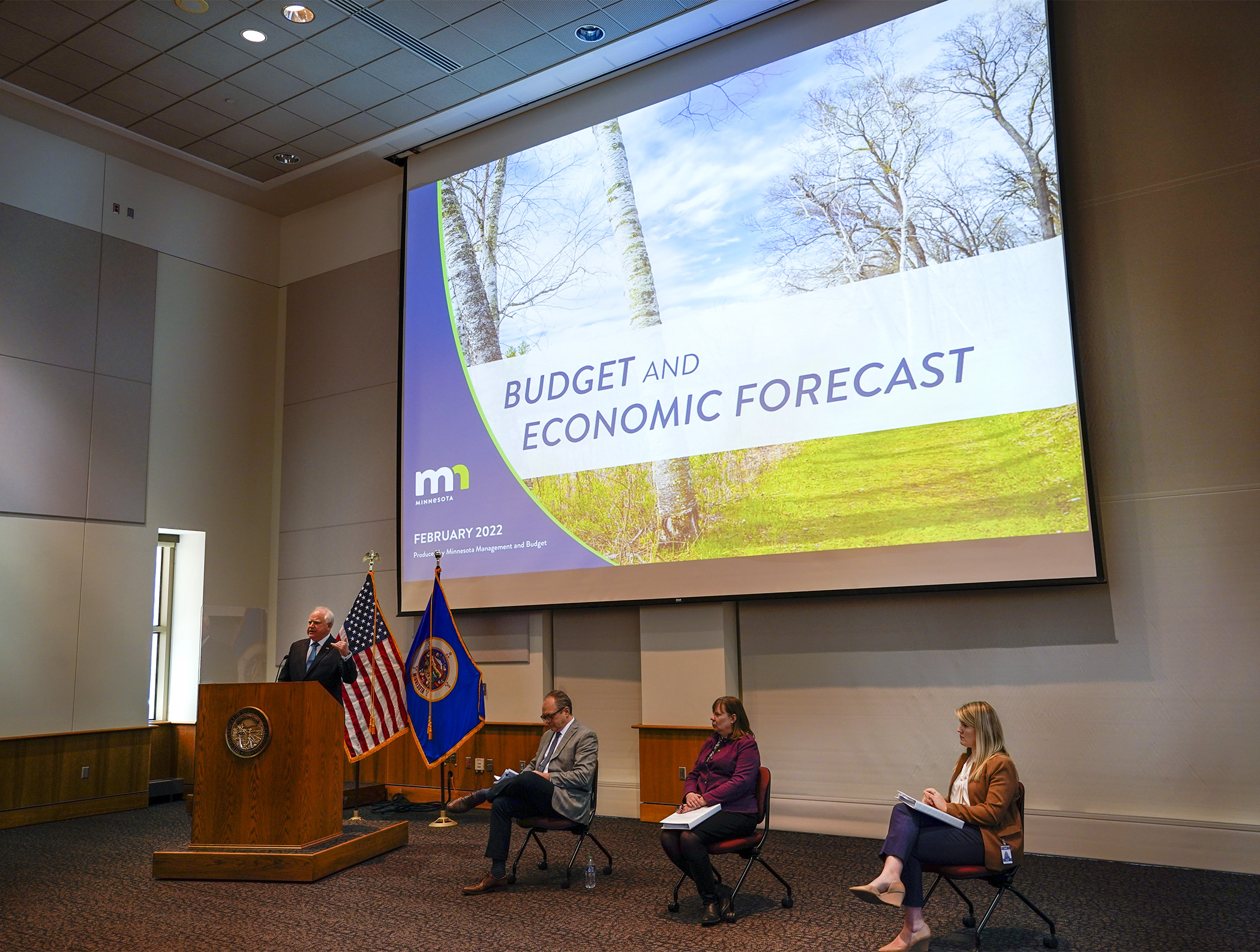Gov. Tim Walz speaks at the release of a state budget and economic forecast in February 2022. A House bill would require those forecasts to include inflation on both the revenue and spending sides. (House Photography file photo) 