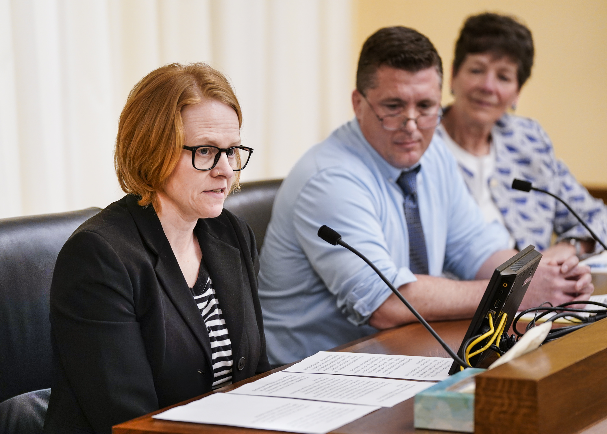 Special Education Teacher Brie Bednar testifies March 1 before the House Education Policy Committee in support of HF1589 to establish a special education teacher pipeline program. (Photo by Catherine Davis)