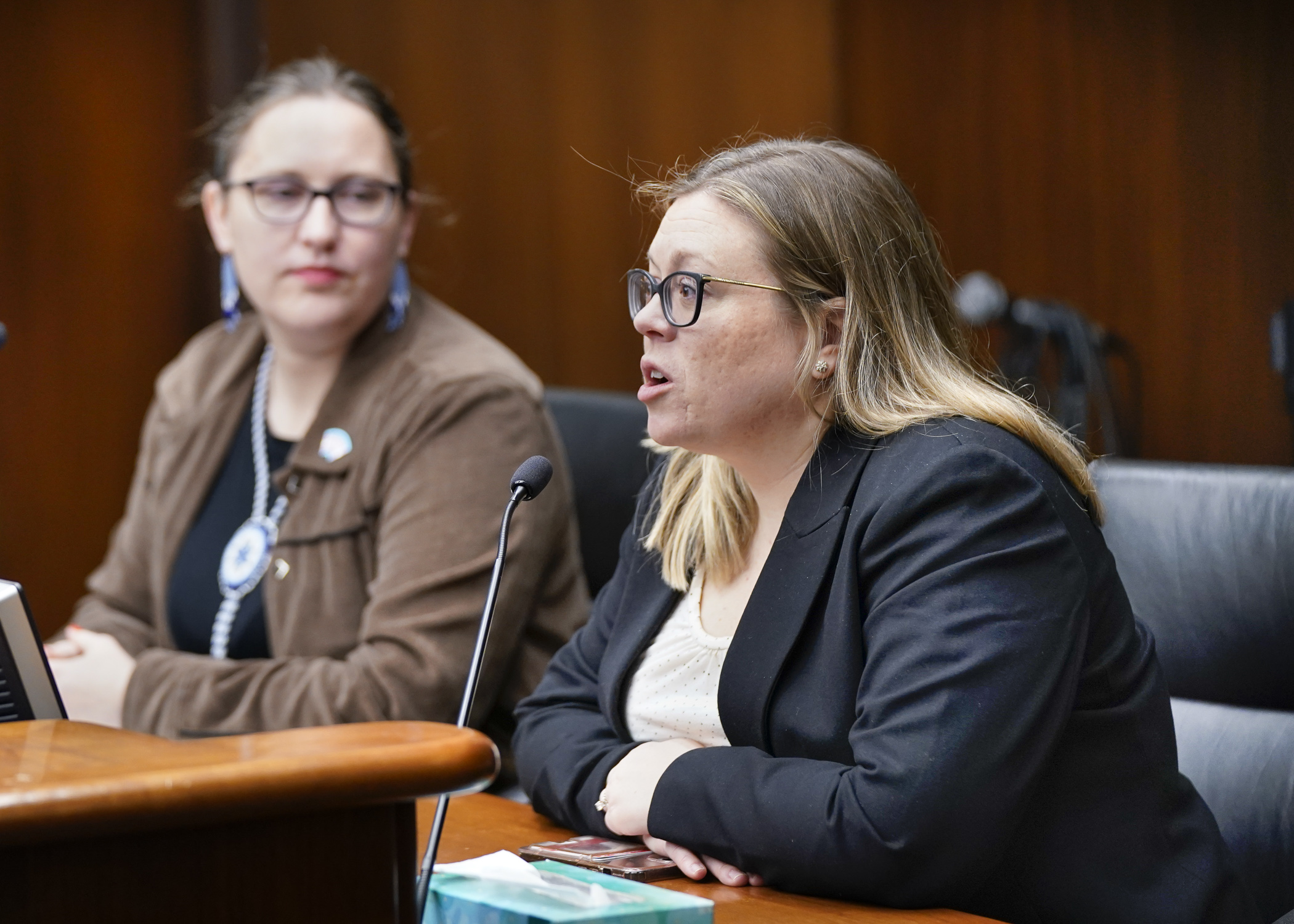 Nicole Freeman, government relations director for the Office of the Secretary of State, answers a question during a House elections panel discussion of HF789 that would allow a candidate’s address to be classified as private data. (Photo by Catherine Davis)