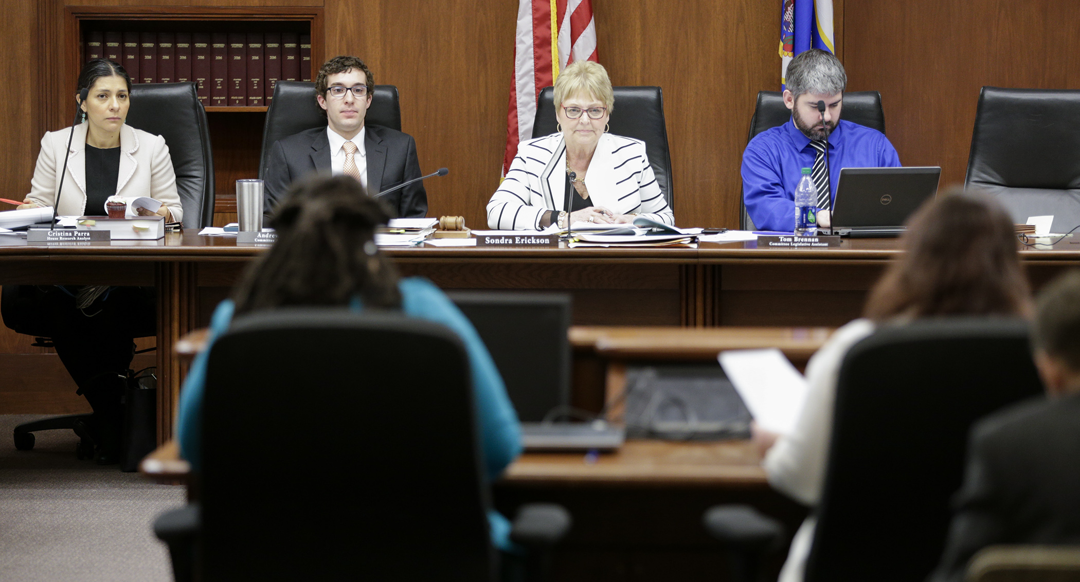 Rep. Sondra Erickson, chair of the House Education Innovation Policy Committee, listens to a witness testify on her bill, HF1663, which would, in part, modify alternative teacher preparation and compensation programs. Photo by Paul Battaglia