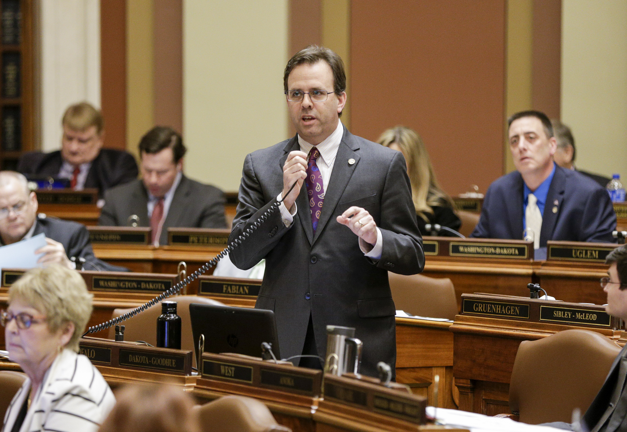 During a March 2 debate, Rep. Pat Garofalo speaks on his bill, HF600, which would prohibit local governments from adopting or enforcing certain employment regulations. Photo by Paul Battaglia