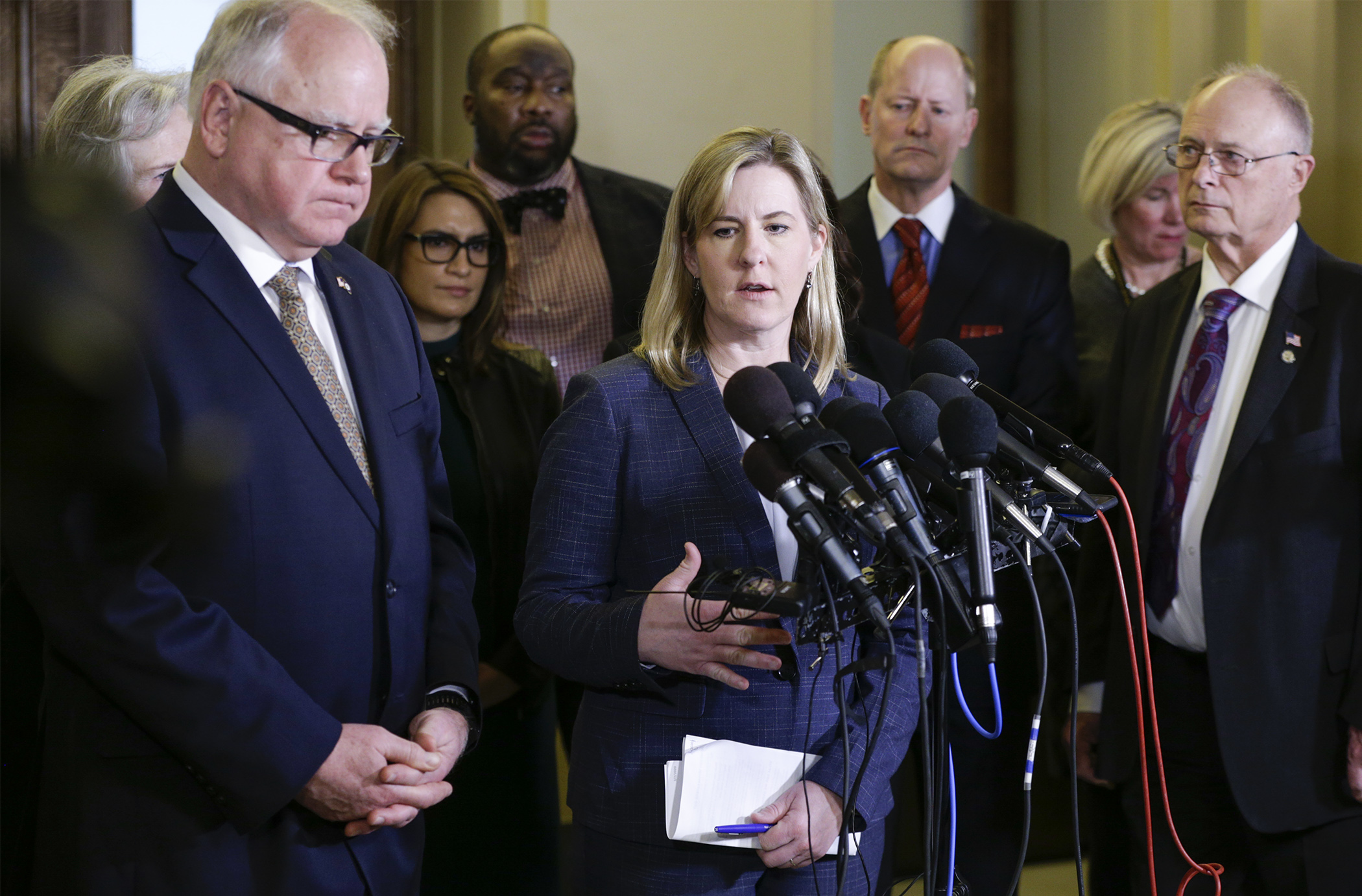 House Speaker Melissa Hortman discusses the state's preparations for the potential spread of the COVID-19 virus to Minnesota. Gov. Tim Walz, state health officials and other legislative leaders spoke at the March 2 news conference. Photo by Paul Battaglia