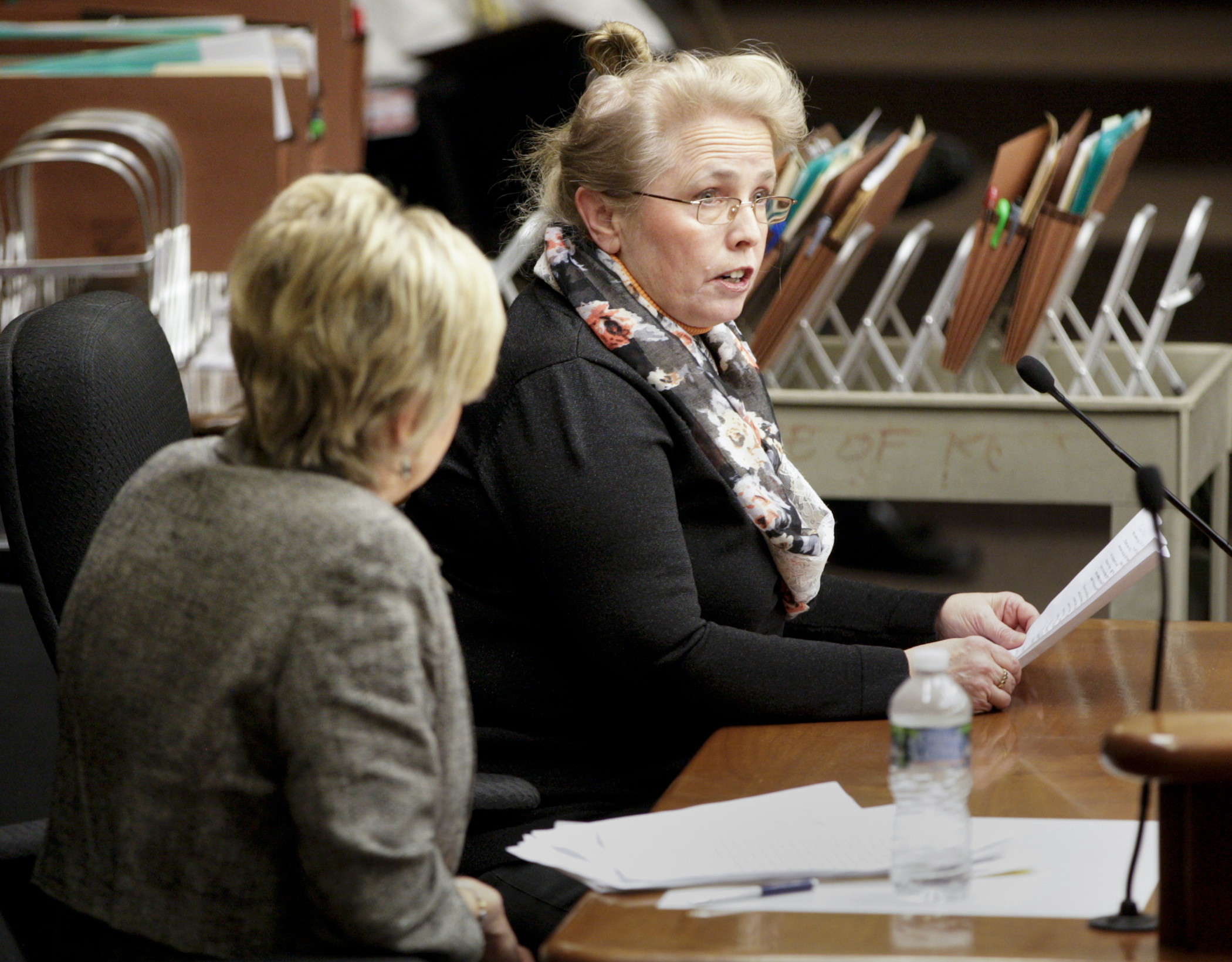 Barbara Lenirt of Eagan testifies in favor of HF300, sponsored by Rep. Kathy Lohmer, left, which would allow for the subtraction of Social Security benefits from state income taxes. Photo by Paul Battaglia