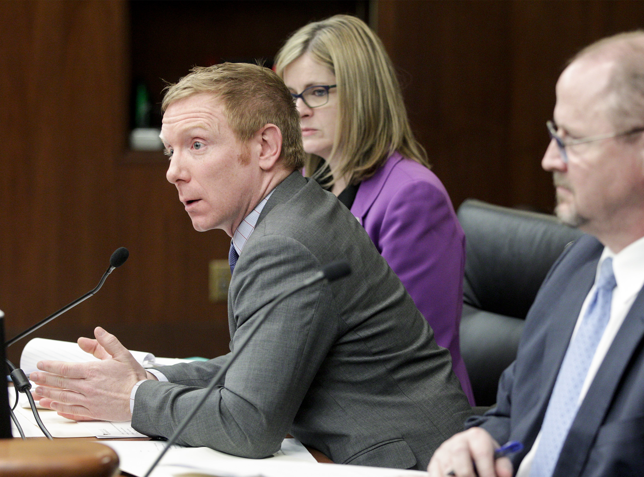 Sean Burke, public policy director for Minnesota Elder Justice Center, testifies Tuesday in support of HF3391 that would modify and modernize certain provisions governing guardianship and conservatorship. Photo by Paul Battaglia