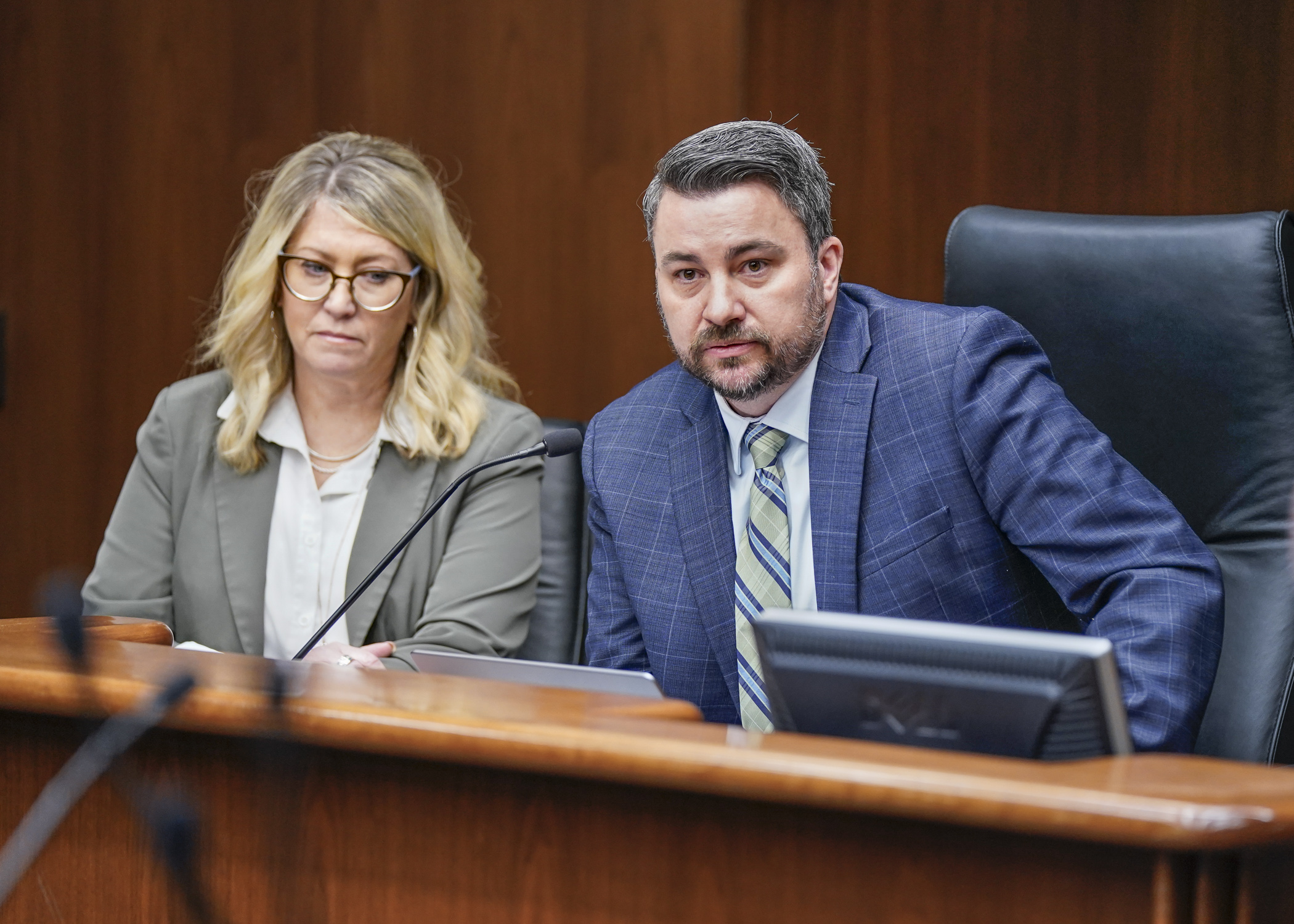 School superintendents Peter Olson-Skog and Marcy Doud testify March 3 before the House Education Finance Committee in support of HF1360 to increase funding for school safety measures. (Photo by Catherine Davis)