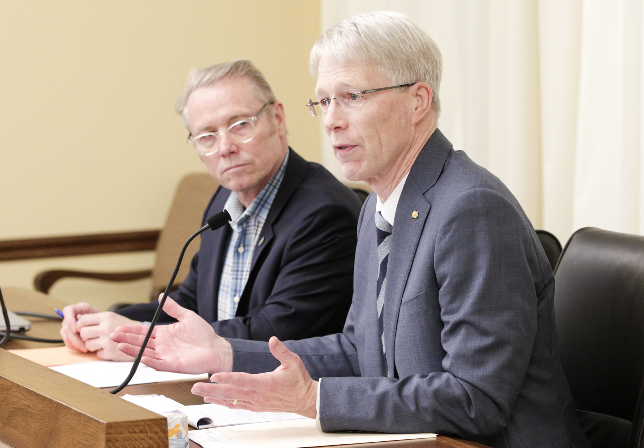 Deputy Hennepin County Attorney David Brown testifies before the House public safety division on HF2013, sponsored by Rep. Raymond Dehn, left, which would adjust thresholds for some marijuana offenses. Photo by Paul Battaglia
