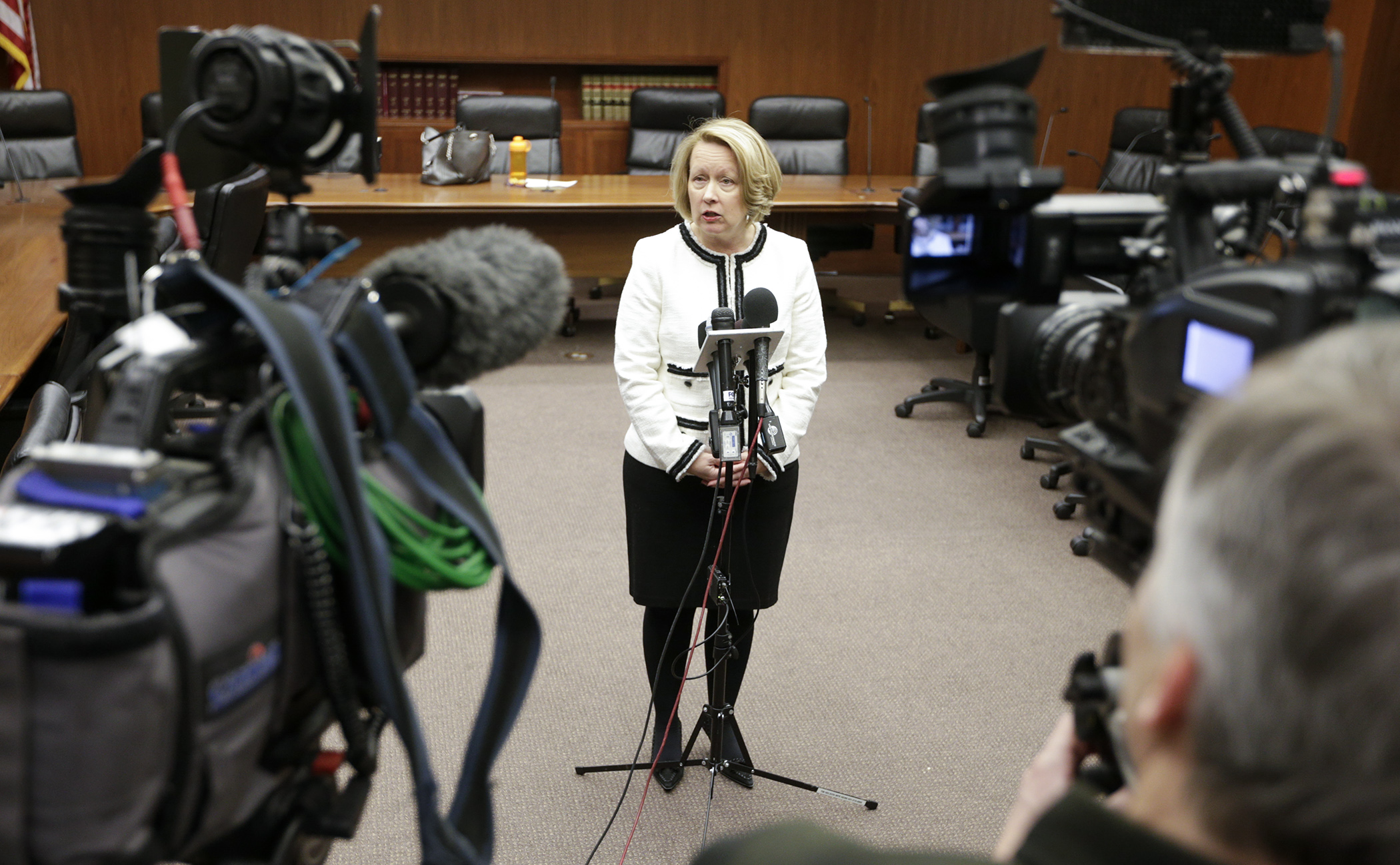 Rep. Jenifer Loon, chair of the House Education Finance Committee, speaks with the media before a March 6 hearing on her bill, HF3320, allowing districts to fund and prioritize safety and security upgrades in Minnesota schools. Photo by Paul Battaglia