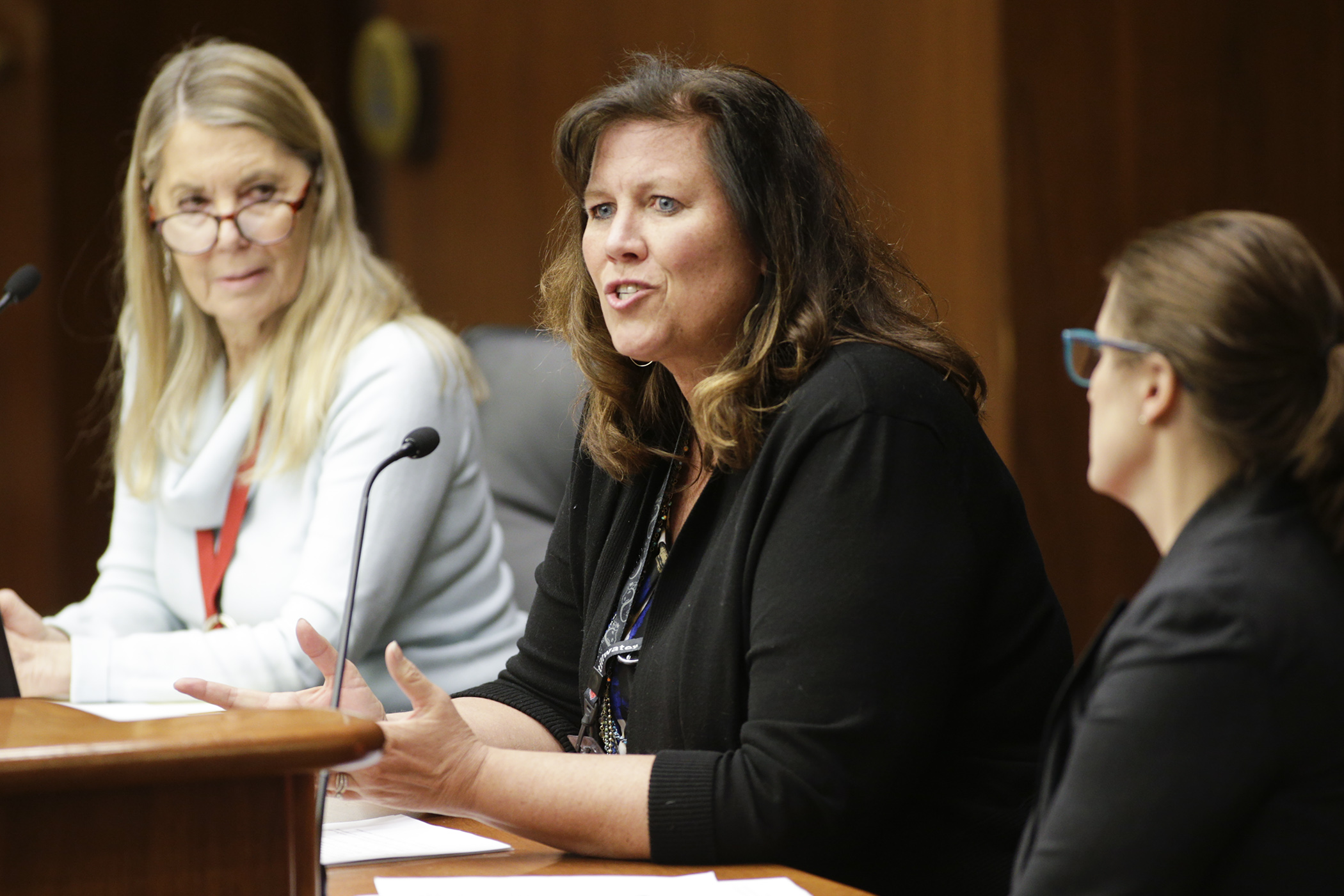 Stillwater Area Schools Superintendent Denise Pontrelli testifies before the House Education Policy Committee on HF1982, sponsored by Rep. Shelly Christensen, left. Photo by Paul Battaglia