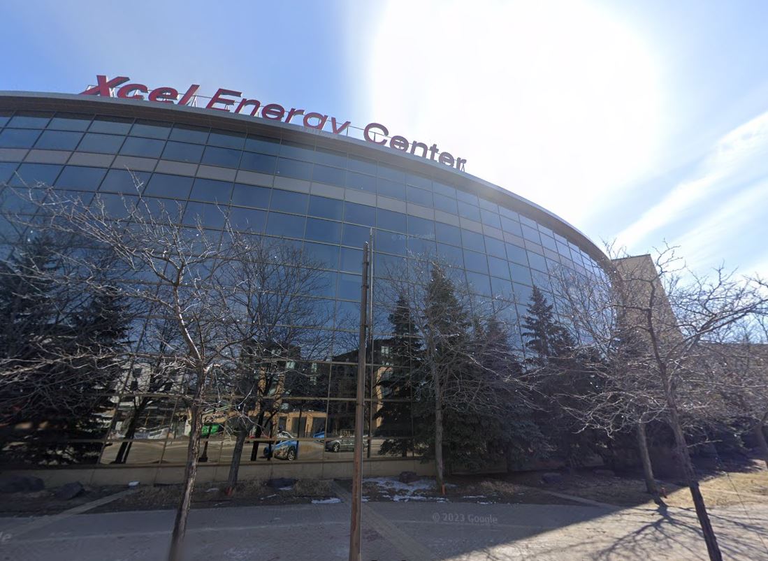 The Xcel Energy Center in downtown St. Paul is set to help host the 2026 World Junior Hockey Championship. Local officials are seeking state funds to help cover those costs and attract more high-profile events to Minnesota. (Screenshot via Google Maps)