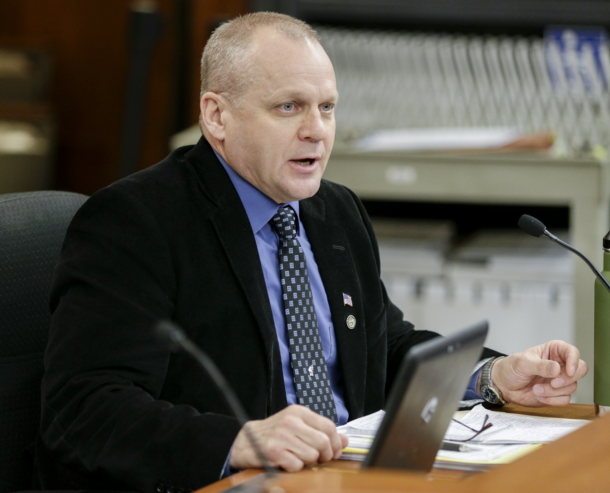 Rep. Matt Grossell discusses HF1572 with the House Public Safety and Security Policy and Finance Committee Tuesday. The bill he sponsors would, in part, eliminate stays of adjudication and imposition in criminal sexual conduct cases. Photo by Paul Battaglia