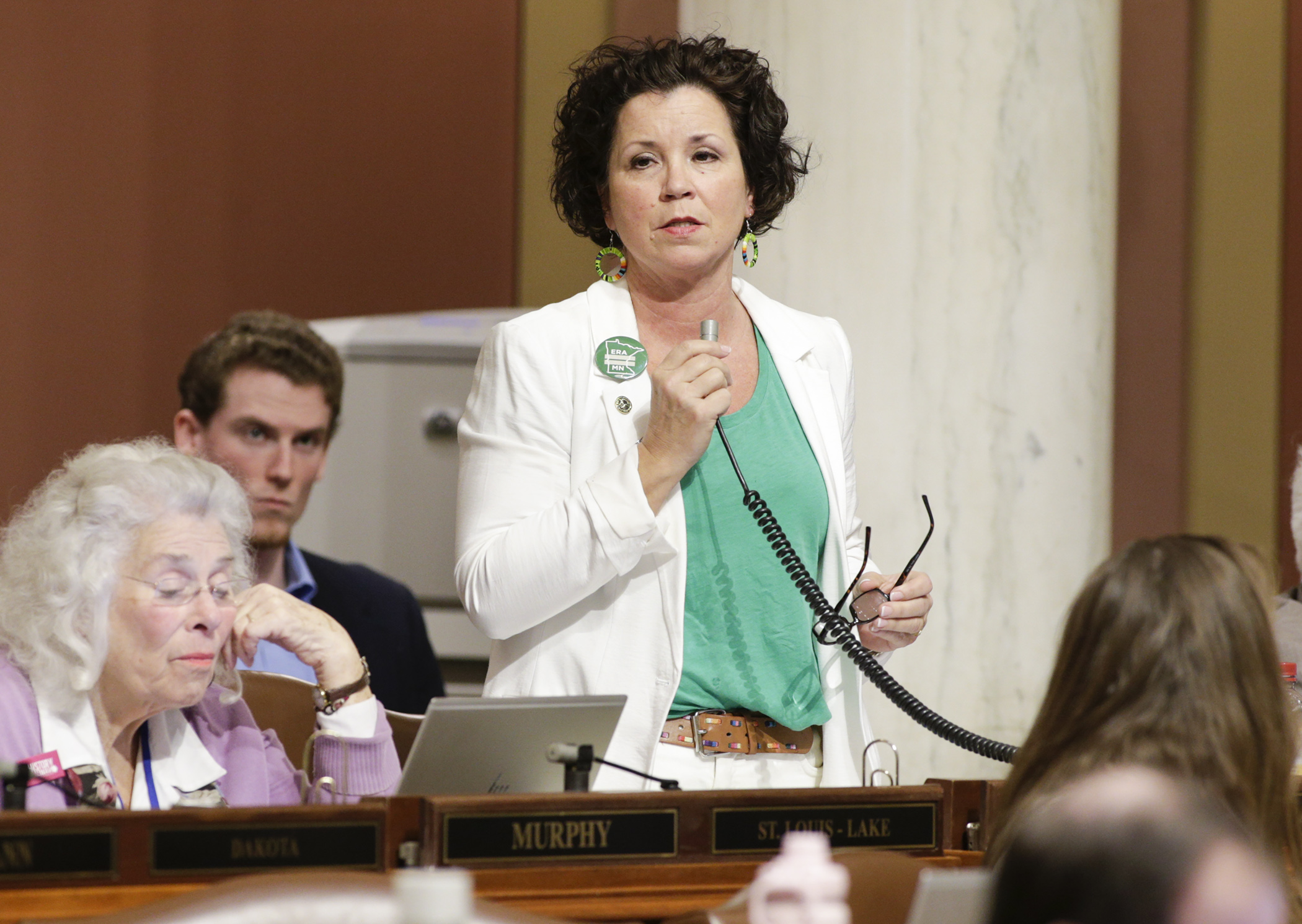 Rep. Mary Kunesh-Podein answers a question during the March 7 floor debate on her bill, HF13, to let voters decide on an amendment to the state constitution prohibiting denial of equality in the law on the basis of gender. Photo by Paul Battaglia