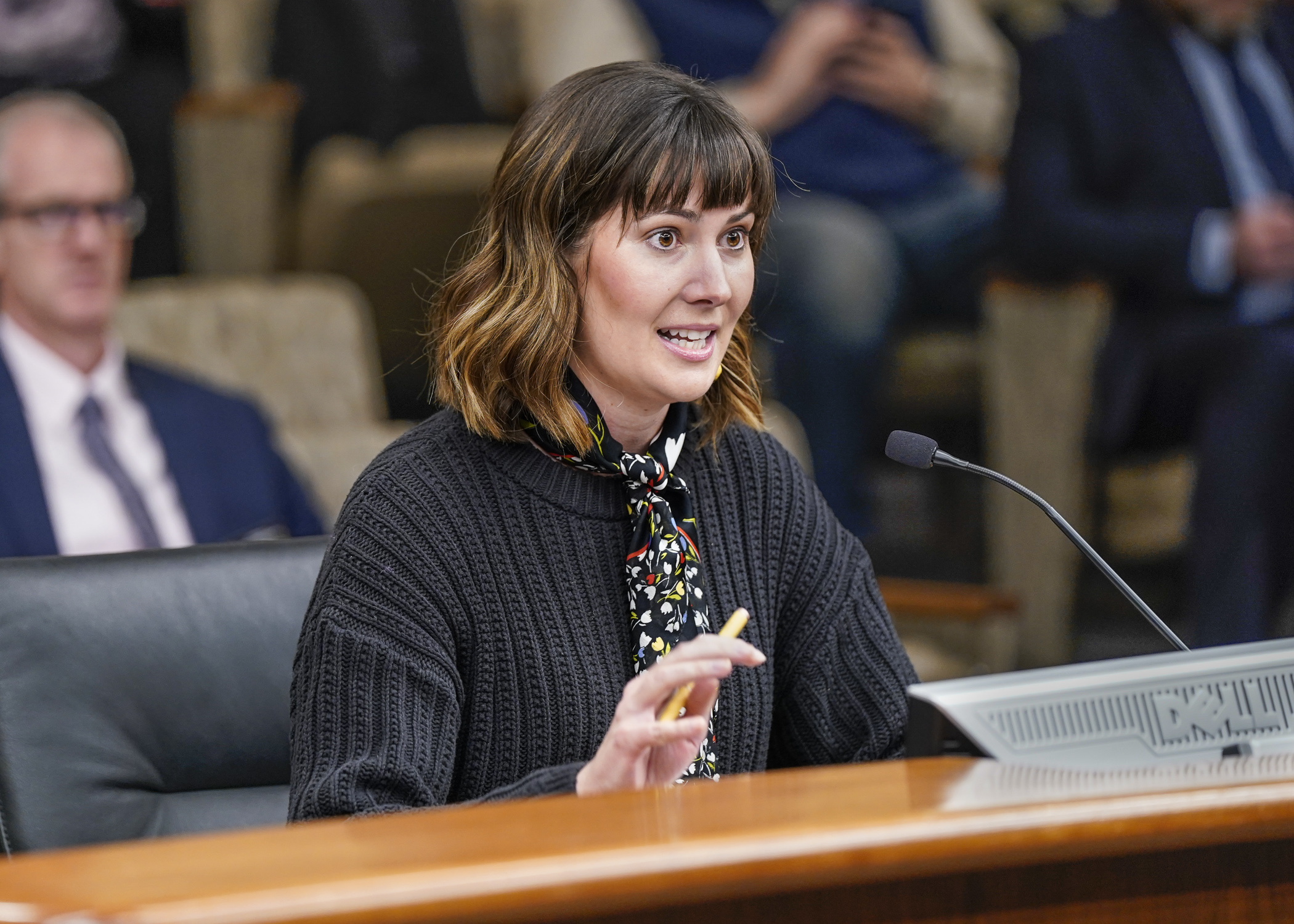 Mickayla Rosard, a partner at Groove Capital, speaks to the House Economic Development Finance and Policy Committee March 8 in support of HF1813, which would encourage entrepreneurship through the Angel Tax Credit. (Photo by Catherine Davis)