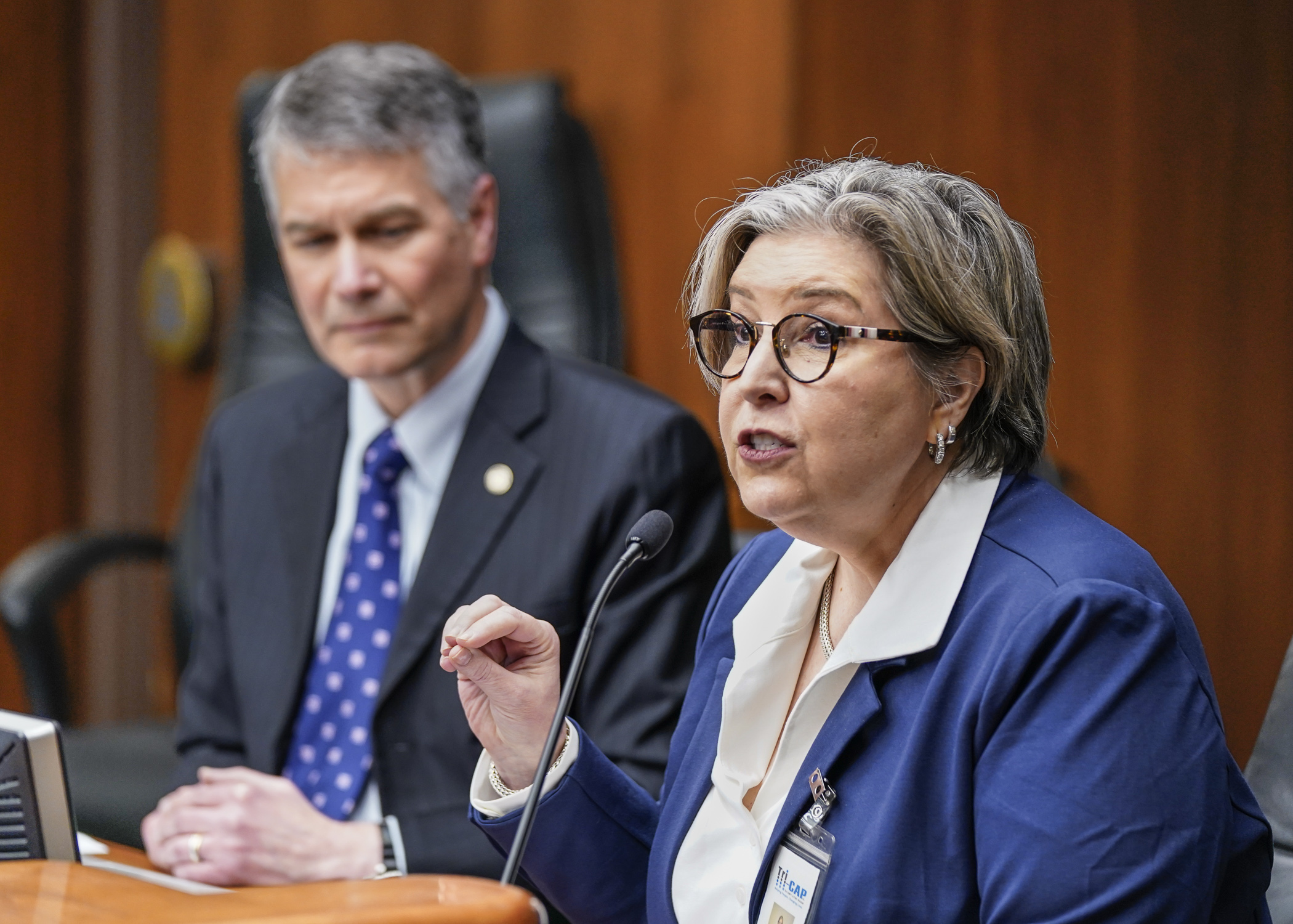 Lisa Drew, a director with the Tri-County Action Program, testifies Wednesday before the House Climate and Energy Finance and Policy Committee in support of HF2493. (Photo by Catherine Davis)