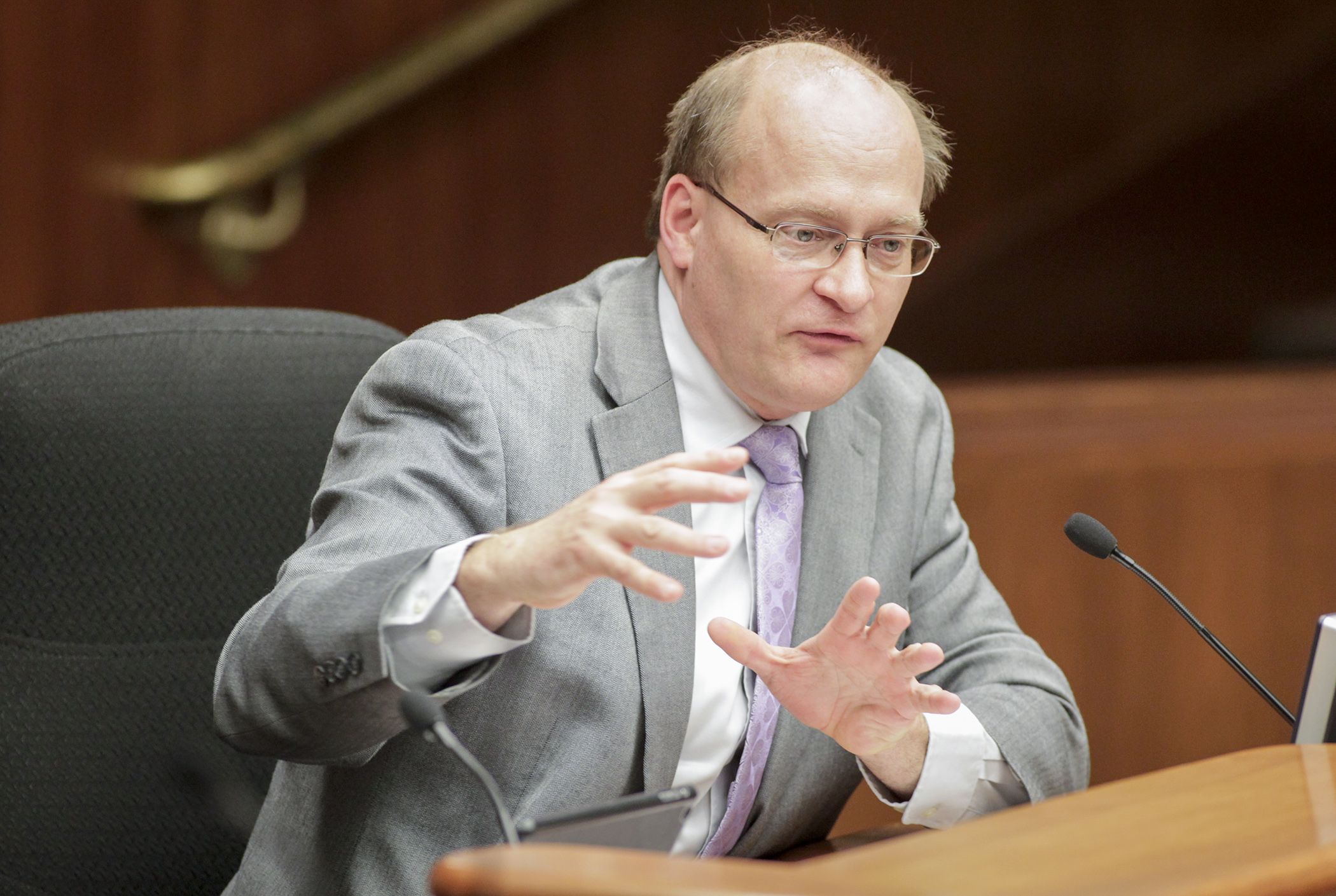 Rep. Jeff Backer answers a member question during testimony March 9, in the House Transportation Finance Committee, on his bill HF1550, which would provide Minnesota's smallest cities funding for local roads. Photo by Paul Battaglia