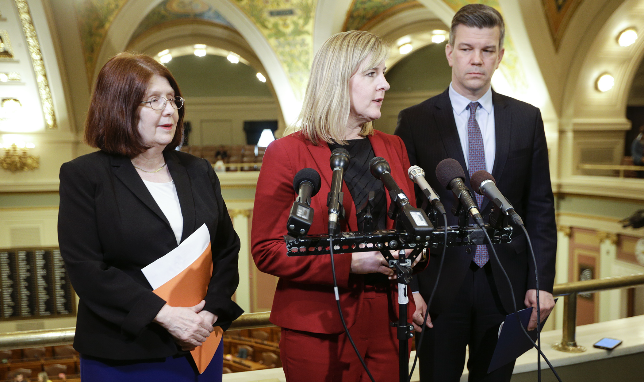 House Health and Human Services Finance Division Chair Tina Liebling, from left, House Speaker Melissa Hortman and House Majority Leader Ryan Winkler speak to the media Monday before the House passed SF3813, which would provide $20.9 million for public health response planning and preparation for COVID-19. Photo by Paul Battaglia