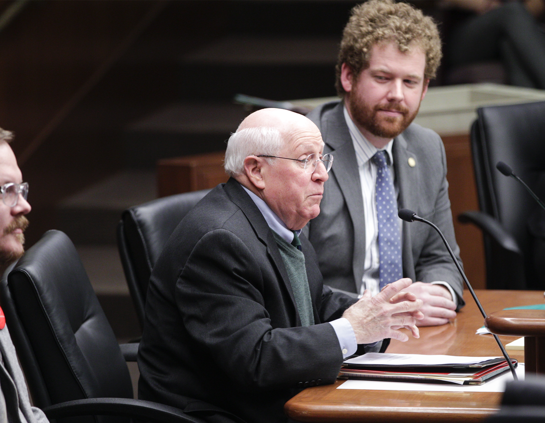 Former Minnesota Attorney General Skip Humphrey testifies on HF3099, sponsored by Rep. Zack Stephenson, right, that would prohibit the display of a fraudulent or inaccurate name or telephone number on a person’s caller ID. Photo by Paul Battaglia