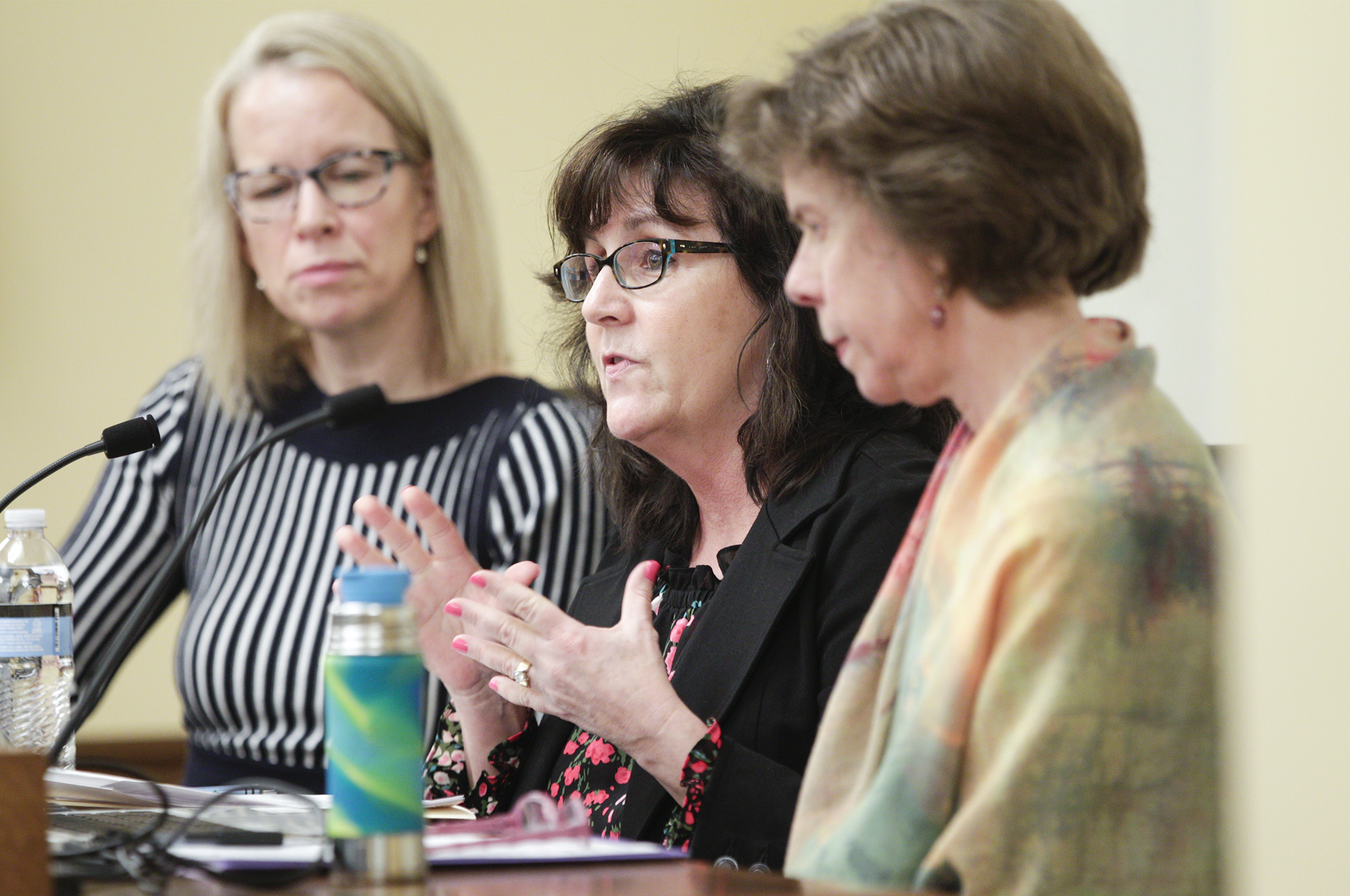 Judy Stoffel, author of “#LookUp: A Parenting Guide to Screen Use,” testifies on HF3504, sponsored by Rep. Kelly Morrison, left, which would limit the individual use screen time in preschool and kindergarten. Photo by Paul Battaglia