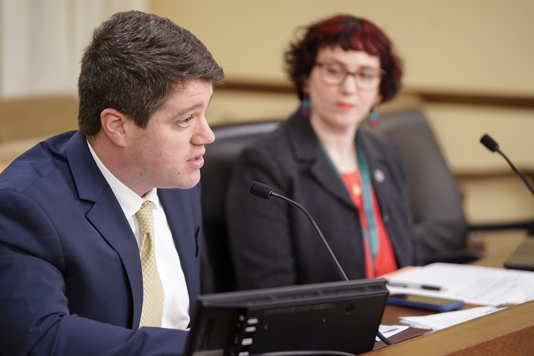 John Boehler, policy counsel for ACLU of Minnesota, testifies March 10 in support of HF3483, which would establish penalties for entering private property or a school for civil immigration enforcement without a warrant. (Photo by Michele Jokinen)