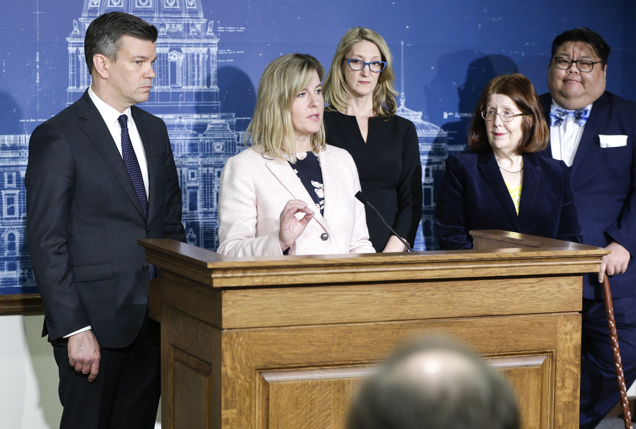 Joined by other DFL leaders at a March 11 news conference, House Speaker Melissa Hortman discusses additional COVID-19 preparedness legislation that will be considered by the House. Photo by Paul Battaglia