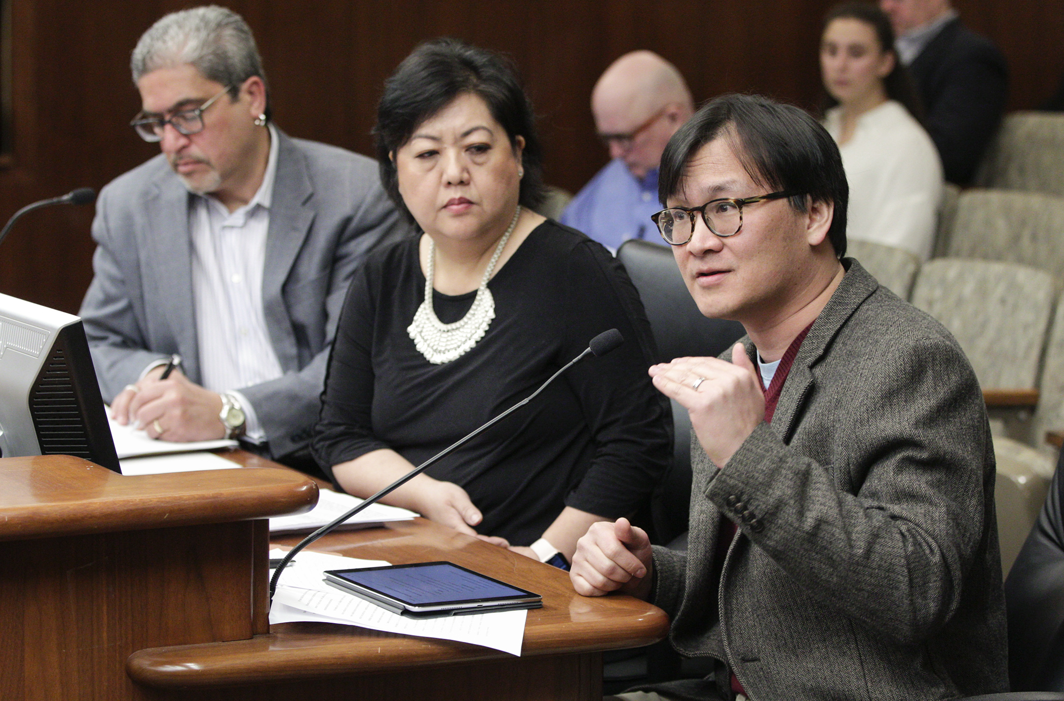 Linus Chan, an associate clinical professor of law at the University of Minnesota, testifies before the House's judiciary and civil law division on HF3975, which would modify petitions for post-conviction relief. Photo by Paul Battaglia