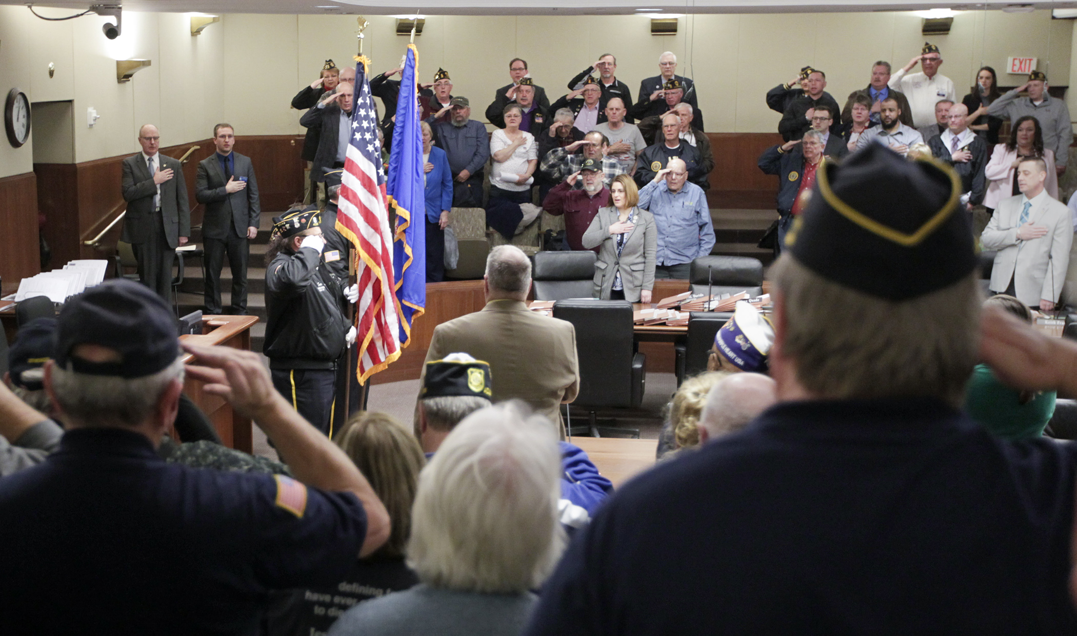 A color guard from the Waite Park American Legion Silver Star Post 428 presented the colors for the Pledge of Allegiance before the House Veterans Affairs Division meeting March 12 in conjunction with Veterans Day on the Hill. Photo by Paul Battaglia