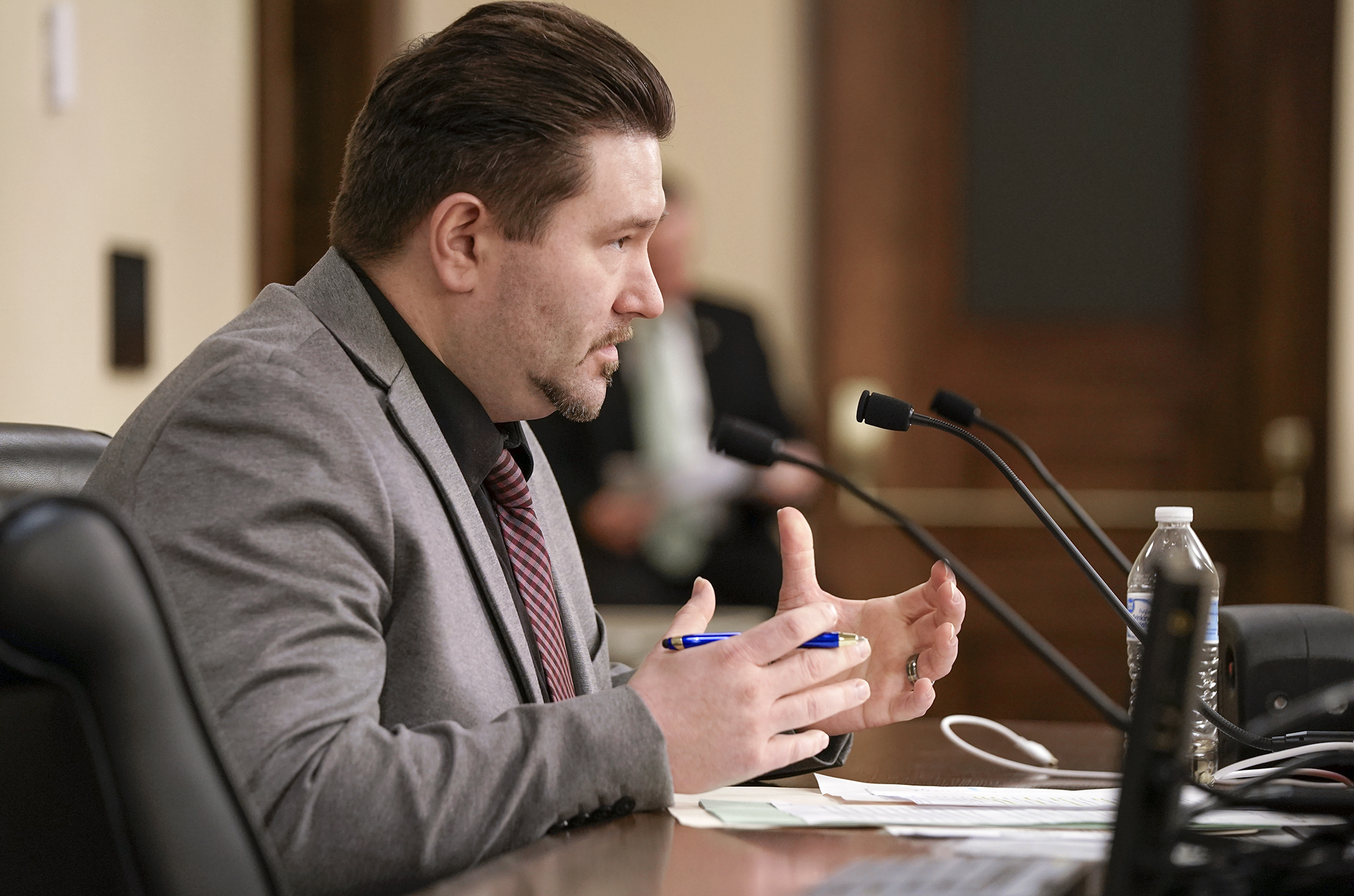 Rep. Jimmy Gordon presents HF3295 before the House Judiciary Finance and Civil Law Committee March 12. The bill would allow public body to live broadcast a meeting using social media. (Photo by Michele Jokinen)