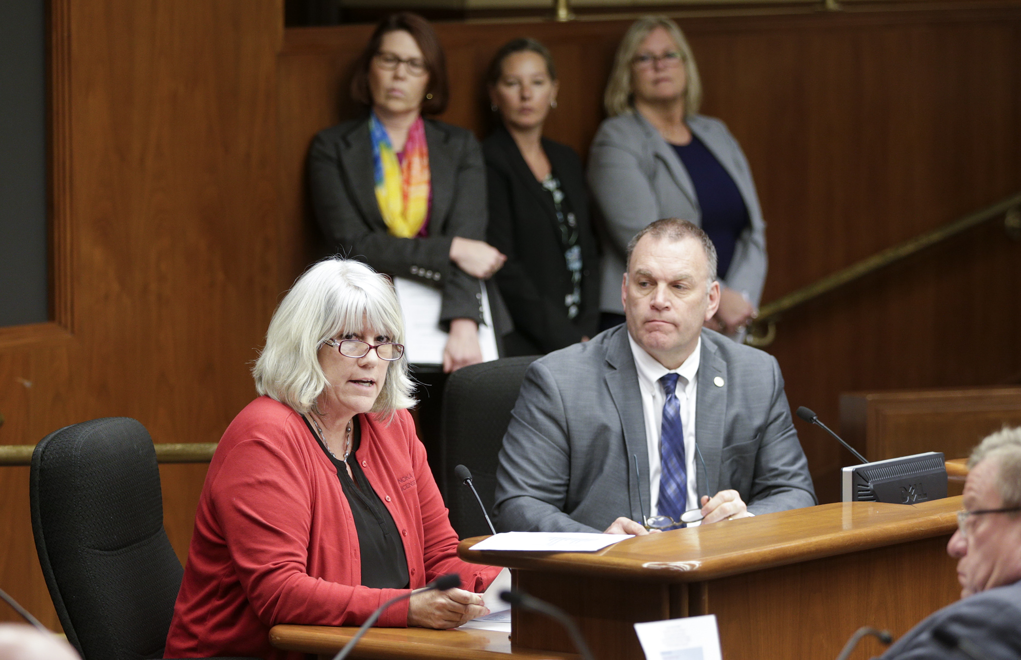 Anoka County Deputy Registrar Paula Anderson testifies in favor of HF2835, sponsored by Rep. Dave Baker, right, that would provide reimbursement to deputy registrars for expenses due to problems with the rollout of the MNLARS system. Photo by Paul Battaglia
