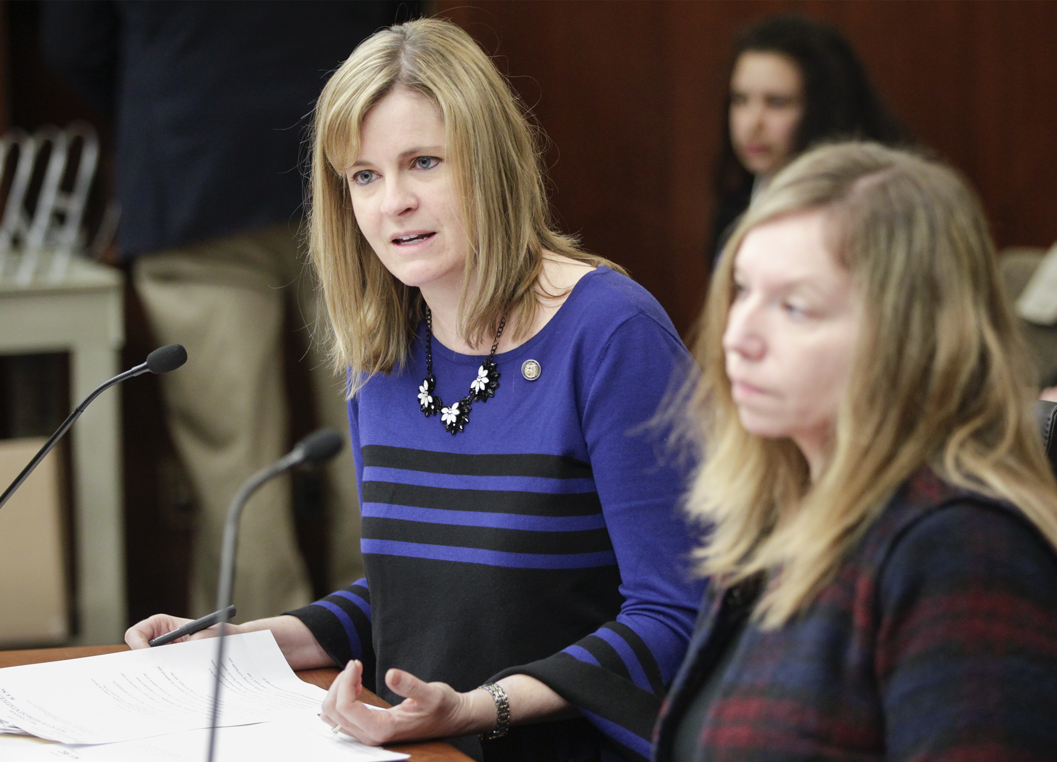 Rep. Kelly Moller answers a question during testimony in the House Judiciary Finance and Civil Law Division on her bill, HF932. Photo by Paul Battaglia