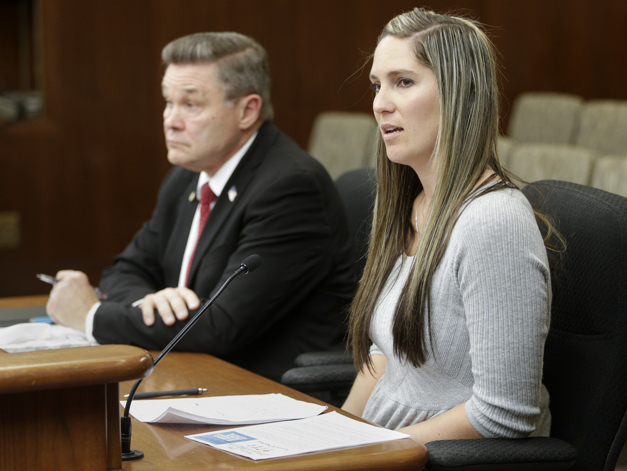 Katie Rickert, director of Precious Little Blessings Daycare, testifies on HF2834, sponsored by Rep. Glenn Gruenhagen, left, which would provide a property tax exemption for some daycare facilities. Photo by Paul Battaglia