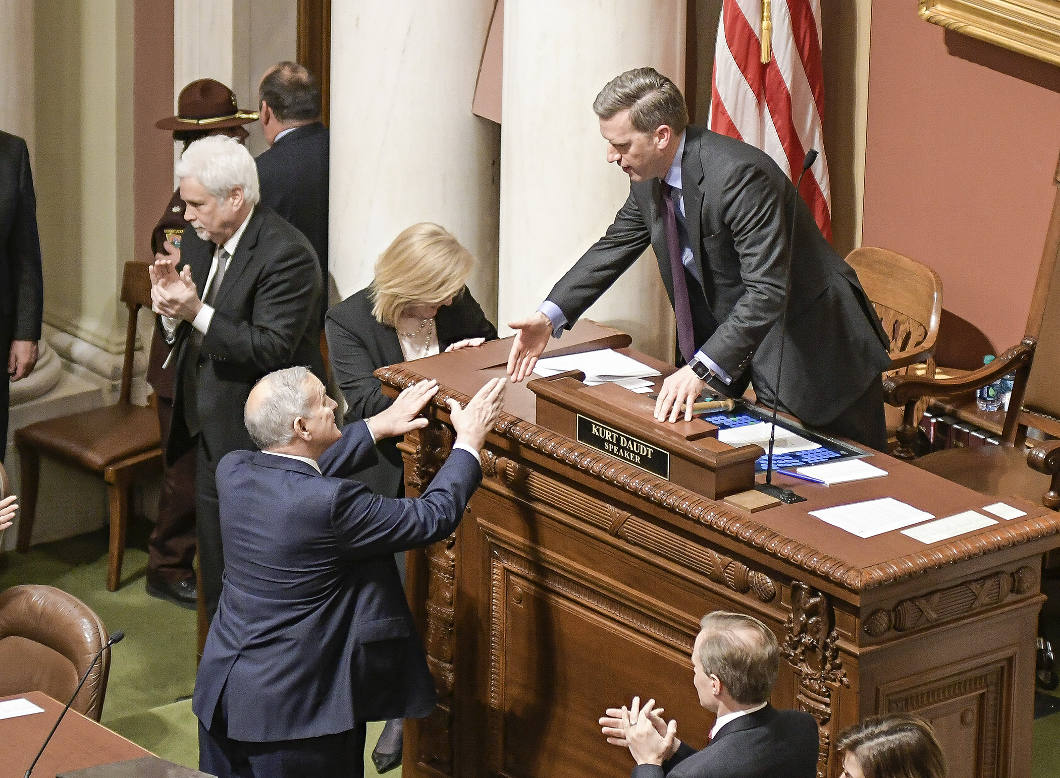 House Speaker Kurt Daudt greets Gov. Mark Dayton before the governor's final State of the State address March 14. Photo by Andrew VonBank