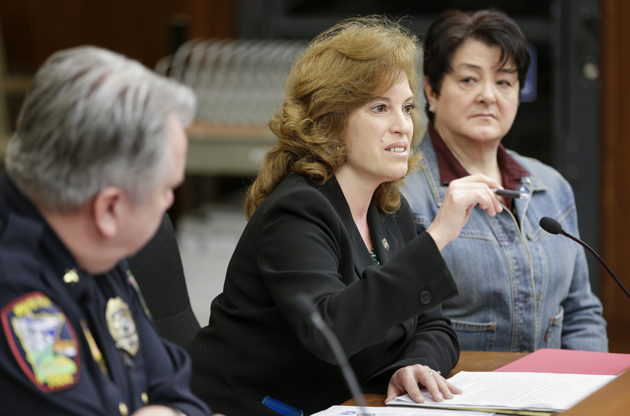 Stearns County Attorney Janelle Kendall testifies for HF1932 during the House Public Safety and Security Policy and Finance Committee’s March 15 meeting. Sponsored by Rep. Tama Theis, right, the bill would provide funding for the Central Minnesota Sex Trafficking Task Force. Photo by Paul Battaglia