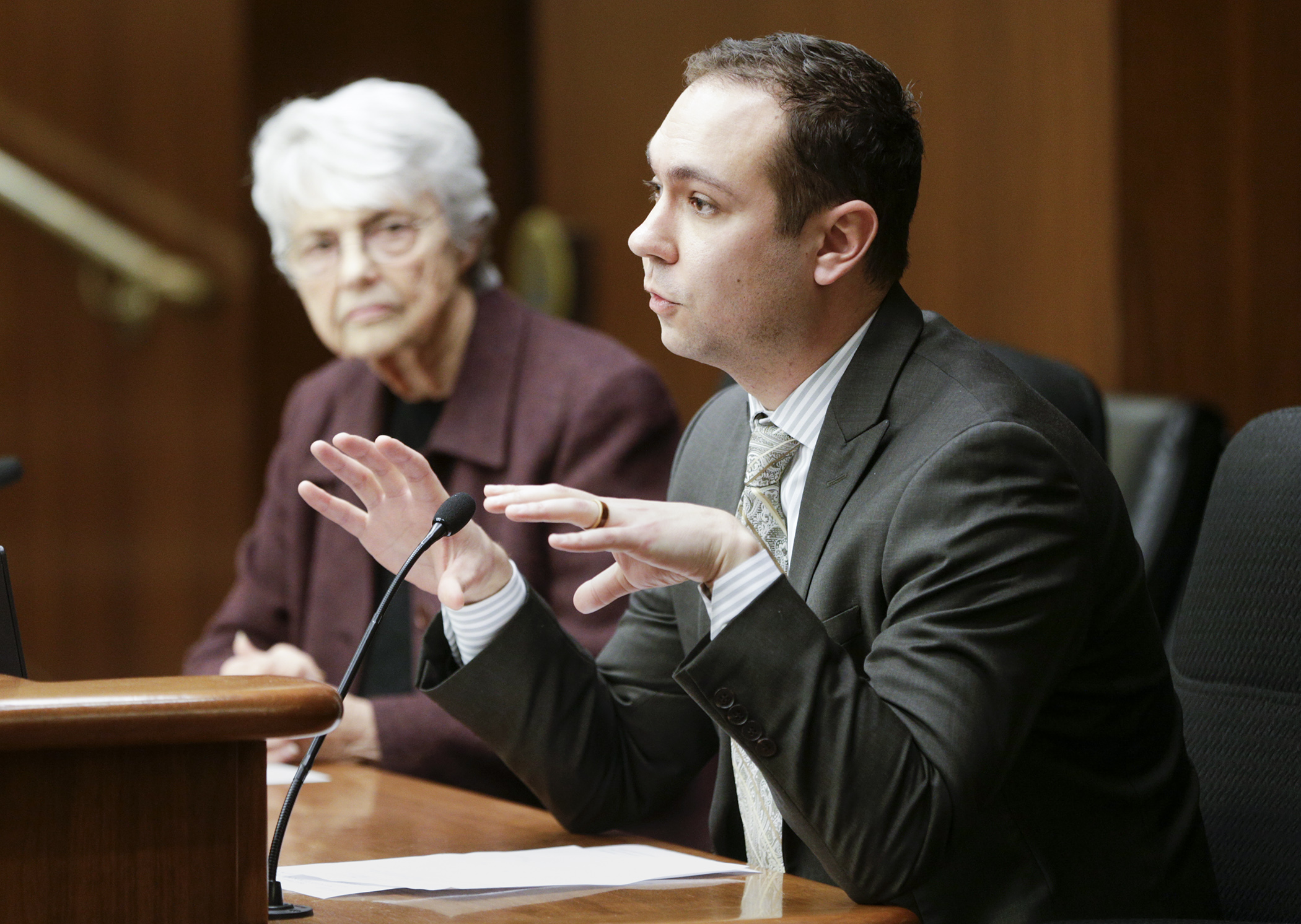 David Shaffer of Minnesota Solar Energy testifies in favor of HF3675, sponsored by Rep. Jean Wagenius, left. It would provide grant funding for public school district solar energy systems. Photo by Paul Battaglia