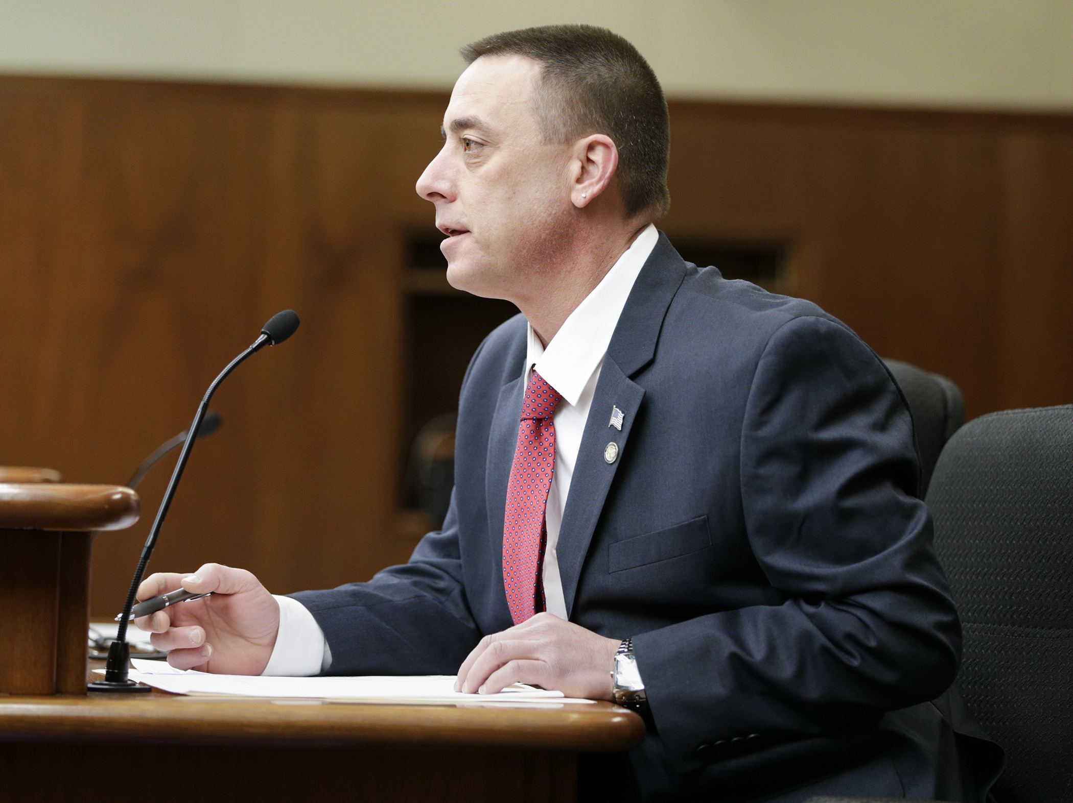 Rep. Keith Franke discusses a bill he sponsors, HF1475, with the House Public Safety and Security Policy and Finance Committee March 16. It would create a felony crime to solicit or provide support for an act of terrorism. Photo by Paul Battaglia