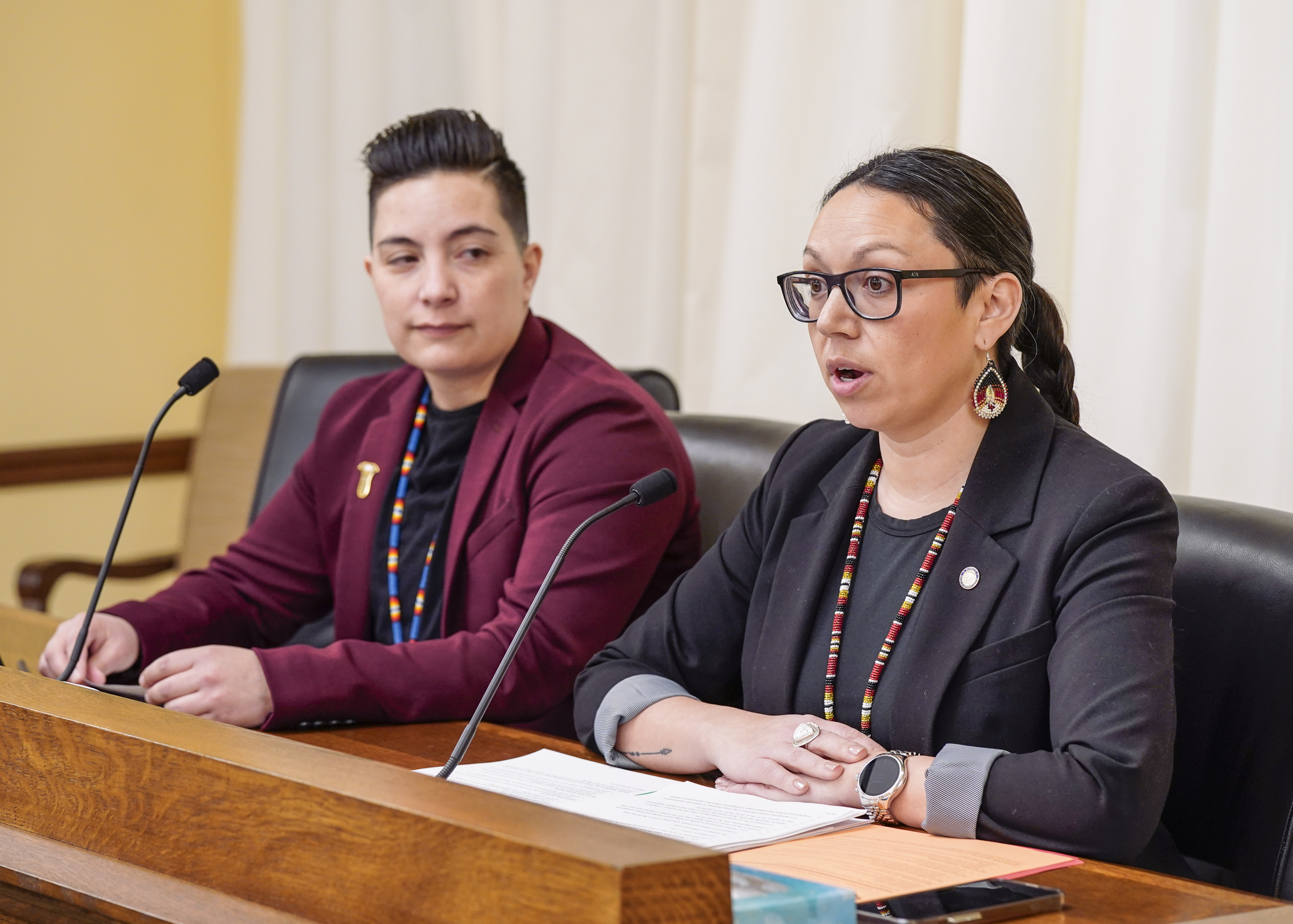 Rep. Heather Keeler presents HF1875, an American Indian education bill, to the House Education Finance Committee March 16. Rep. Alicia Kozlowski, left, also offered bill support. (Photo by Catherine Davis)