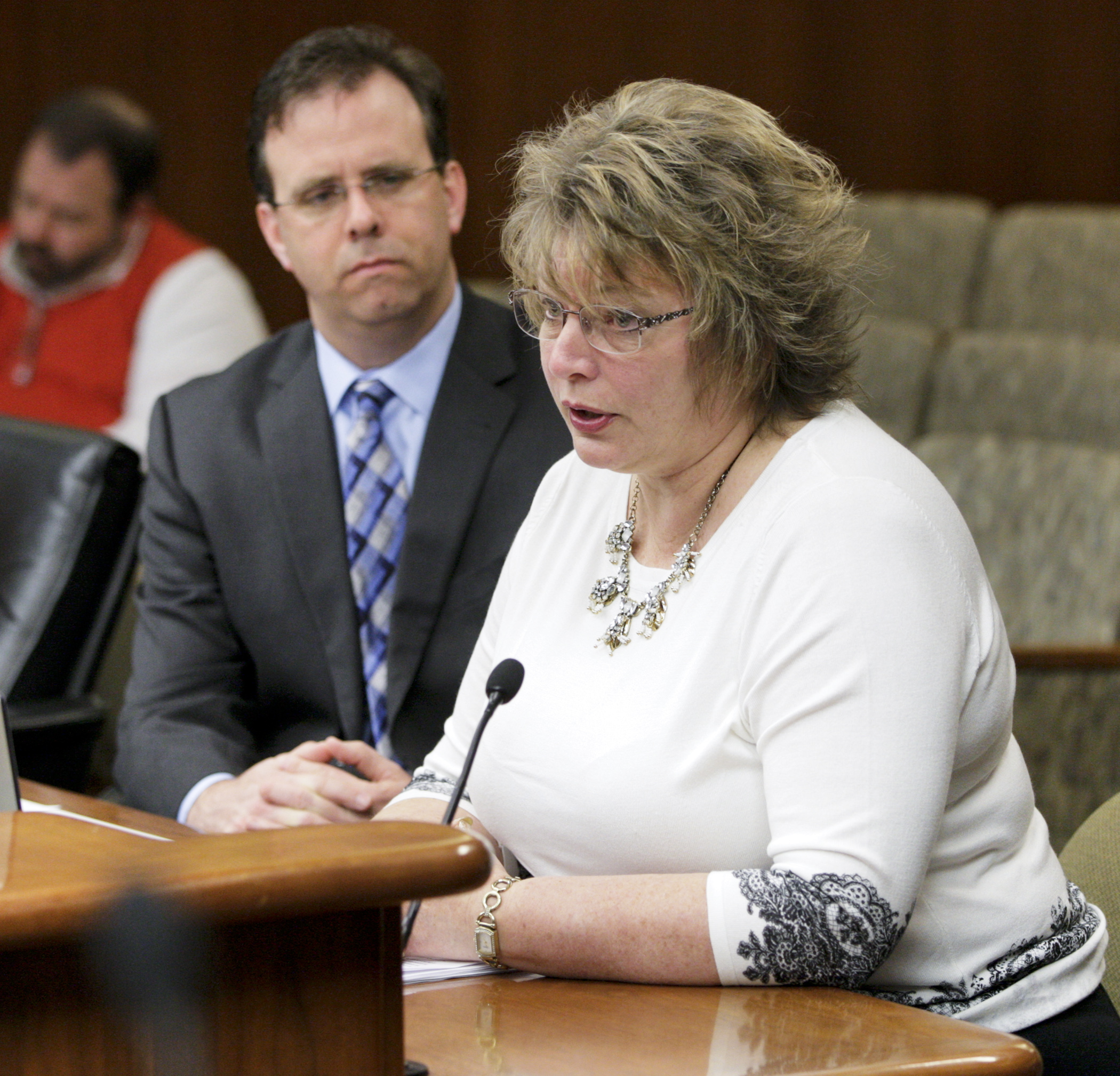 Cathy Ciaciura talks about her son, Lance, who was killed by an inattentive driver, as she testifies on HF1085, sponsored by Rep. Pat Garofalo, left, to enhance penalties for careless driving resulting in death or great bodily harm. Photo by Paul Battaglia