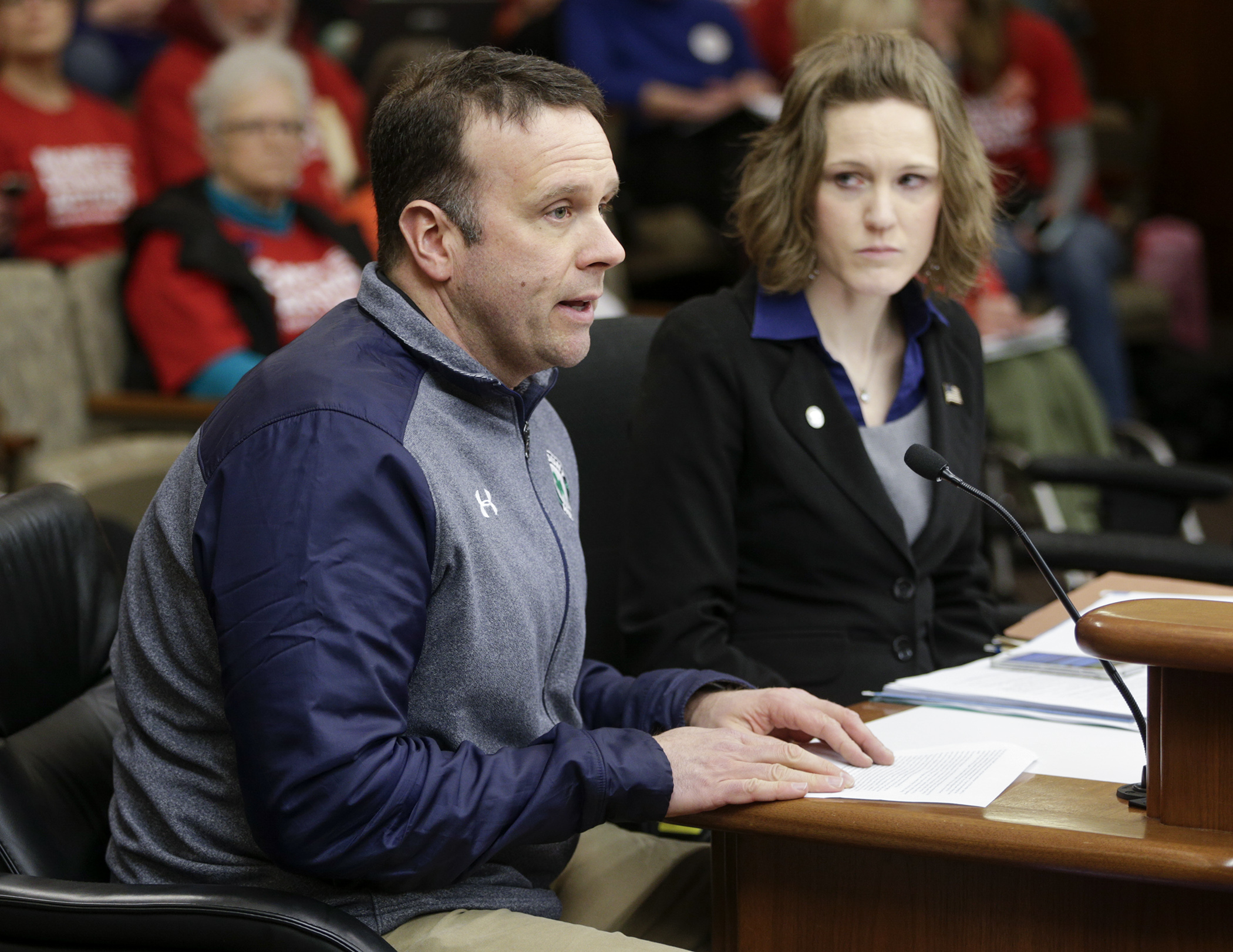 Clay Kendhammer testifies March 20 before the House Public Safety and Security Policy and Finance Committee for HF2766, sponsored by Rep. Anna Wills, right, which would criminalize driving a motor vehicle under the influence of an intoxicating substance. Photo by Paul Battaglia